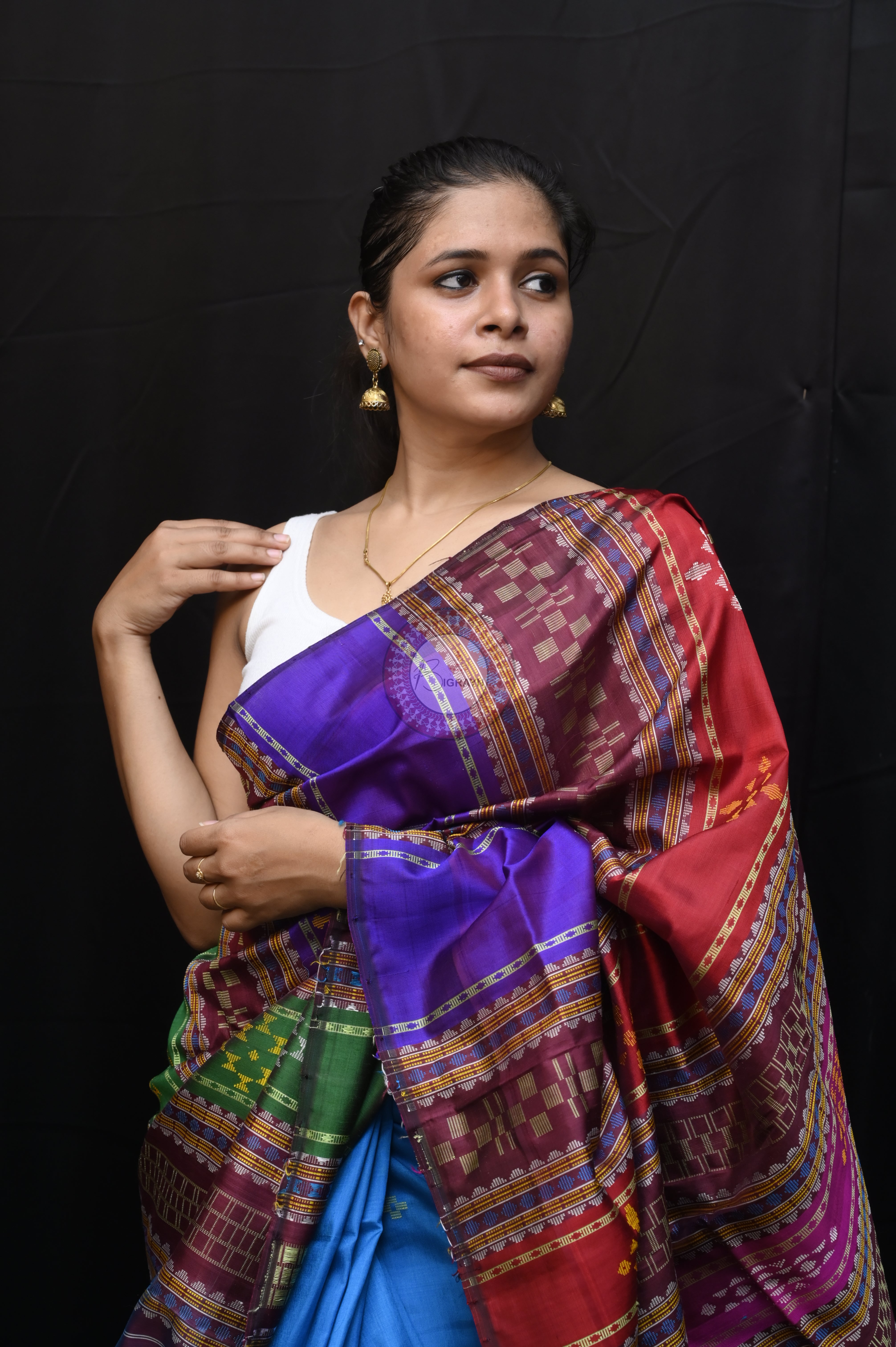 Blue Multicolour Border Double Anchal Berhampuri Silk Saree