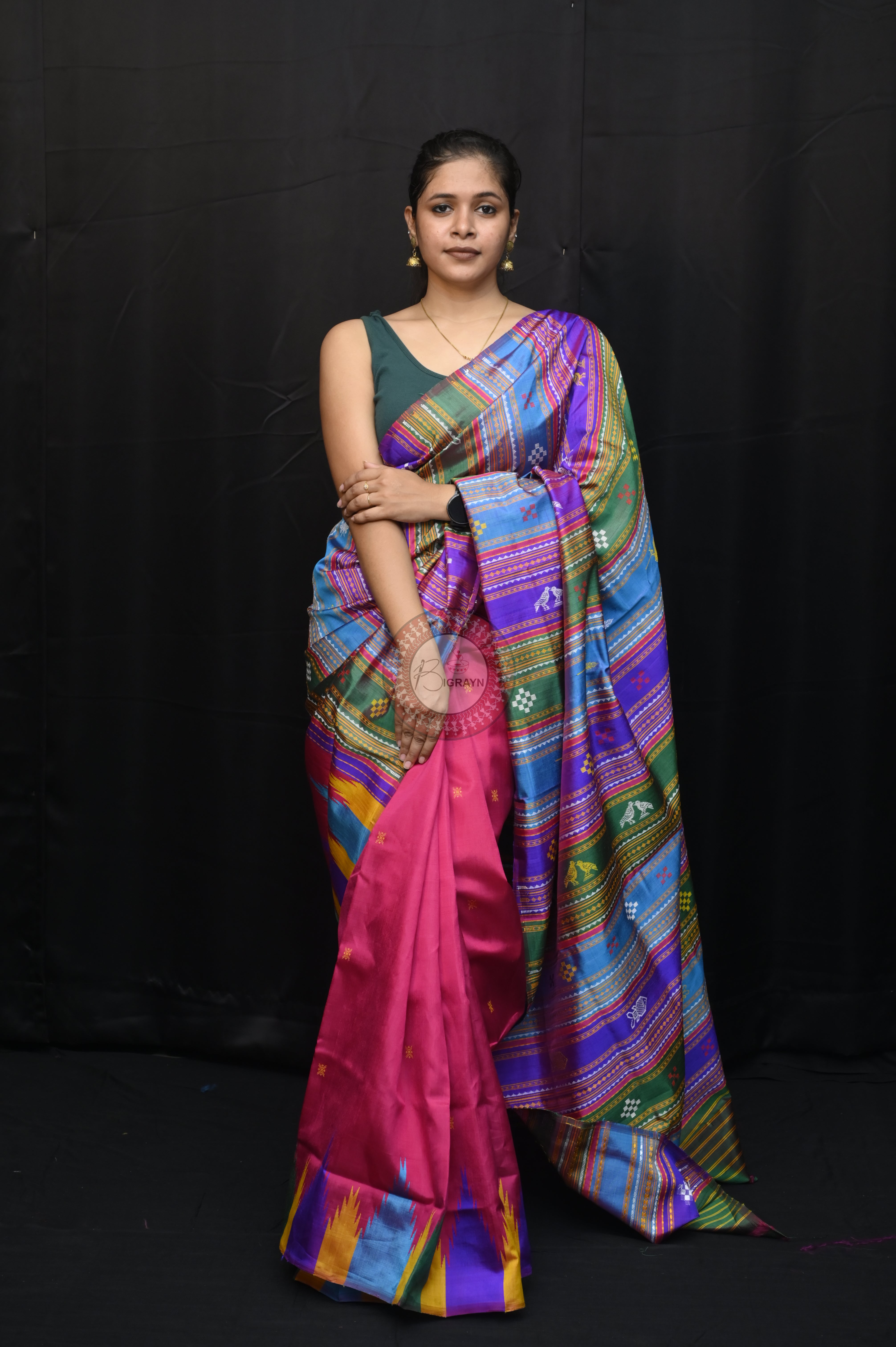 Purple Multicolour Border Double Anchal Berhampuri Silk Saree