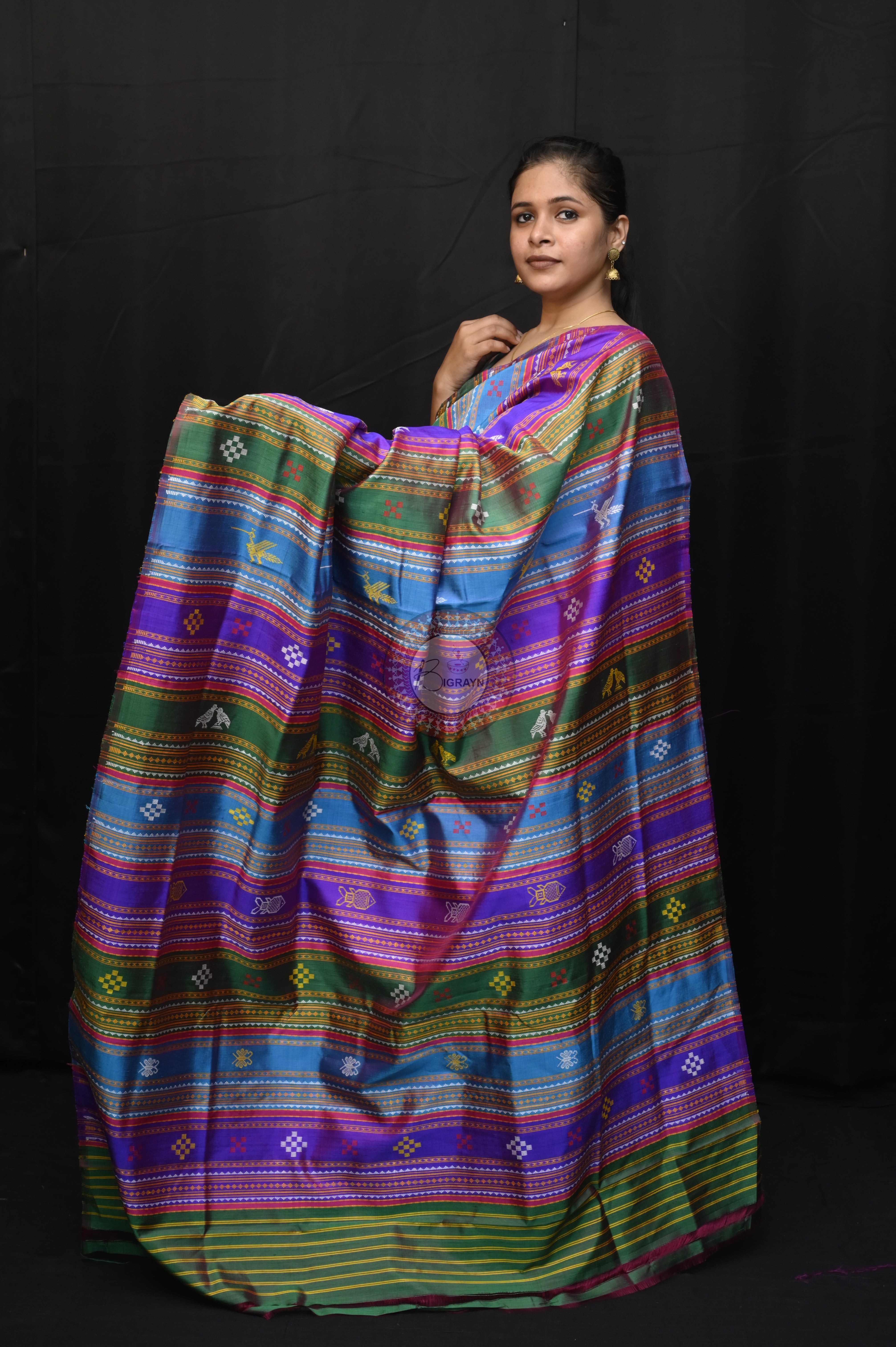 Purple Multicolour Border Double Anchal Berhampuri Silk Saree