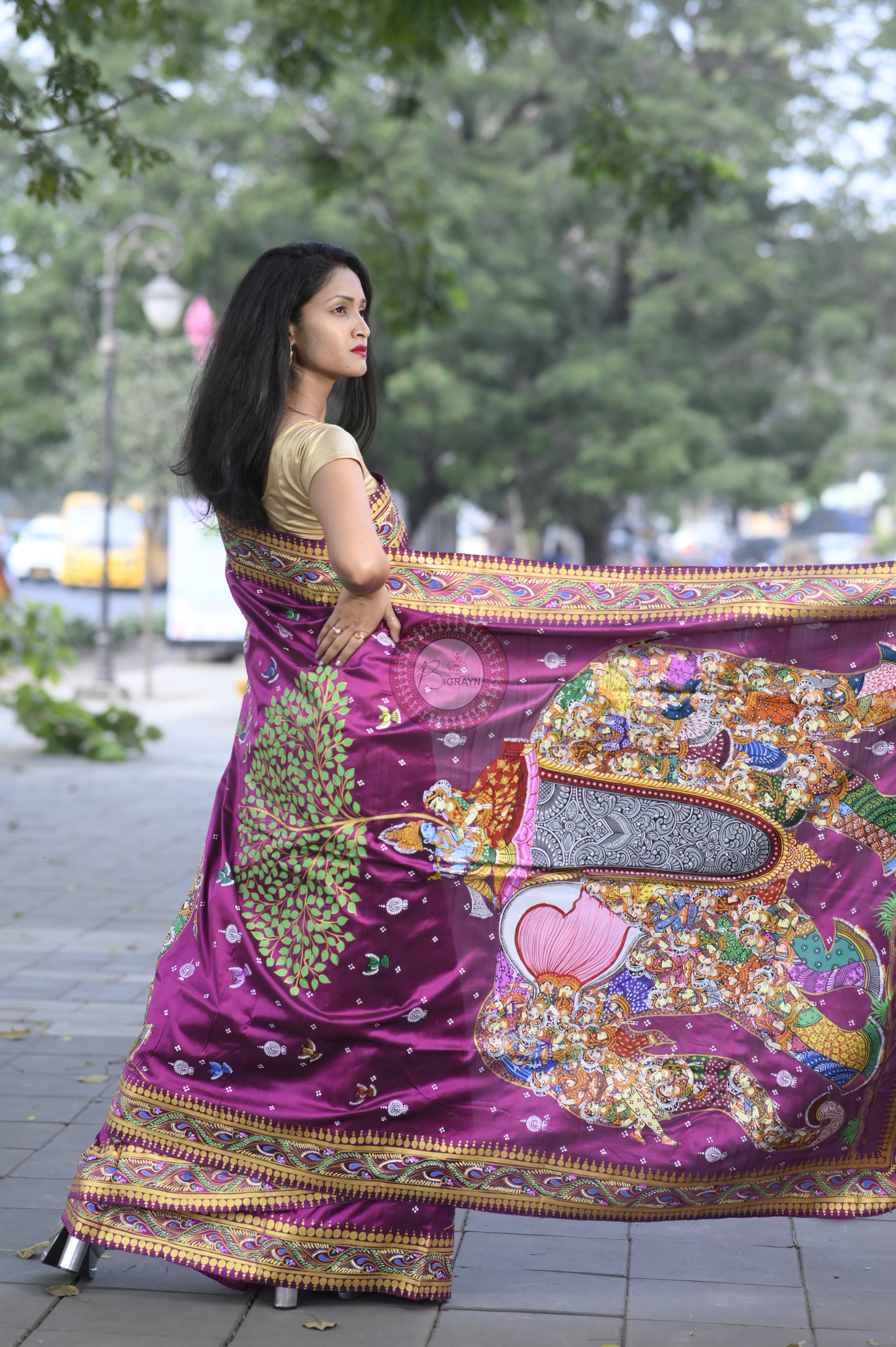 Purple 7 Figure Kandrap Hasti Theme Pattachitra Silk Saree