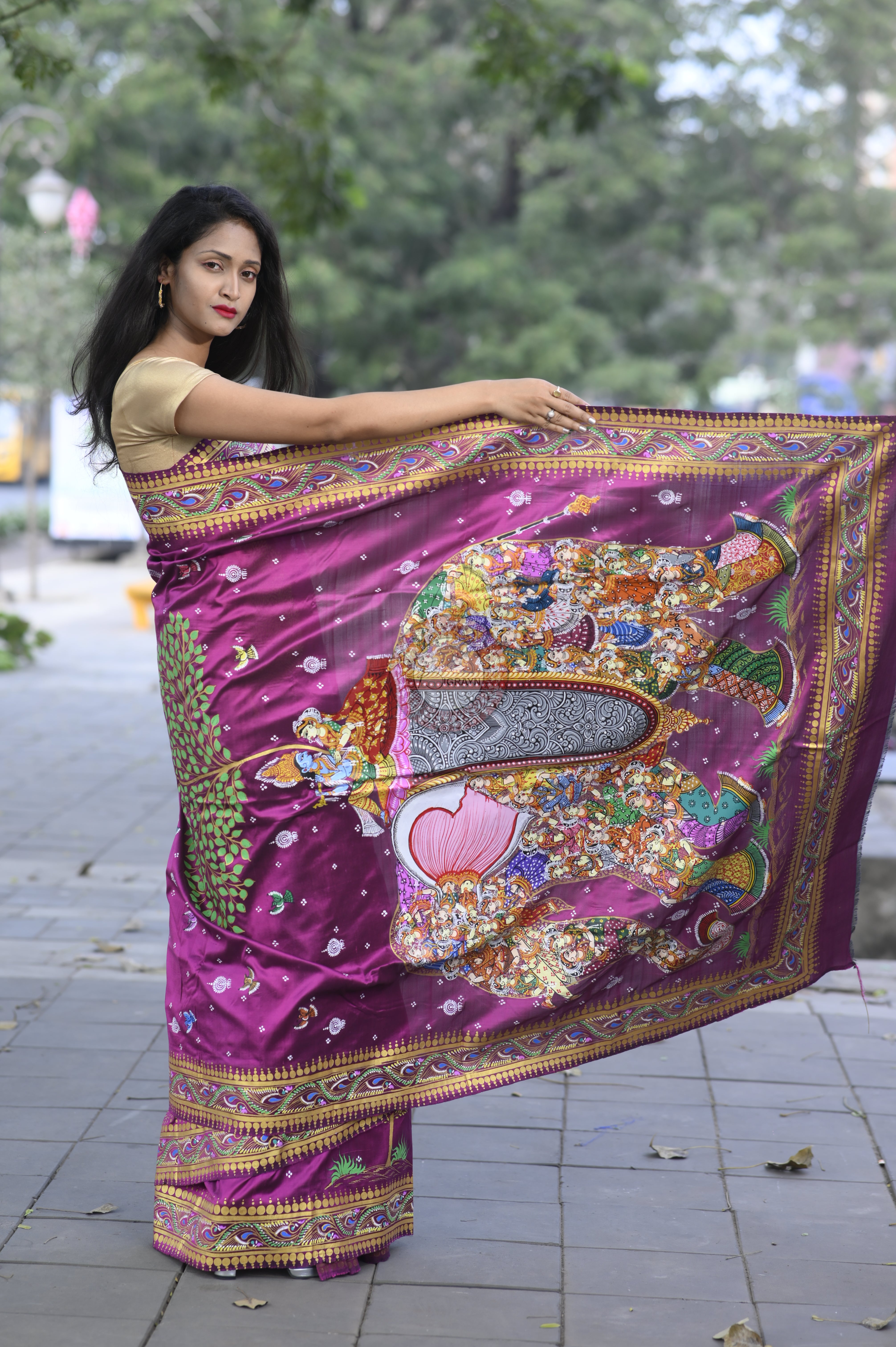 Purple 7 Figure Kandrap Hasti Theme Pattachitra Silk Saree