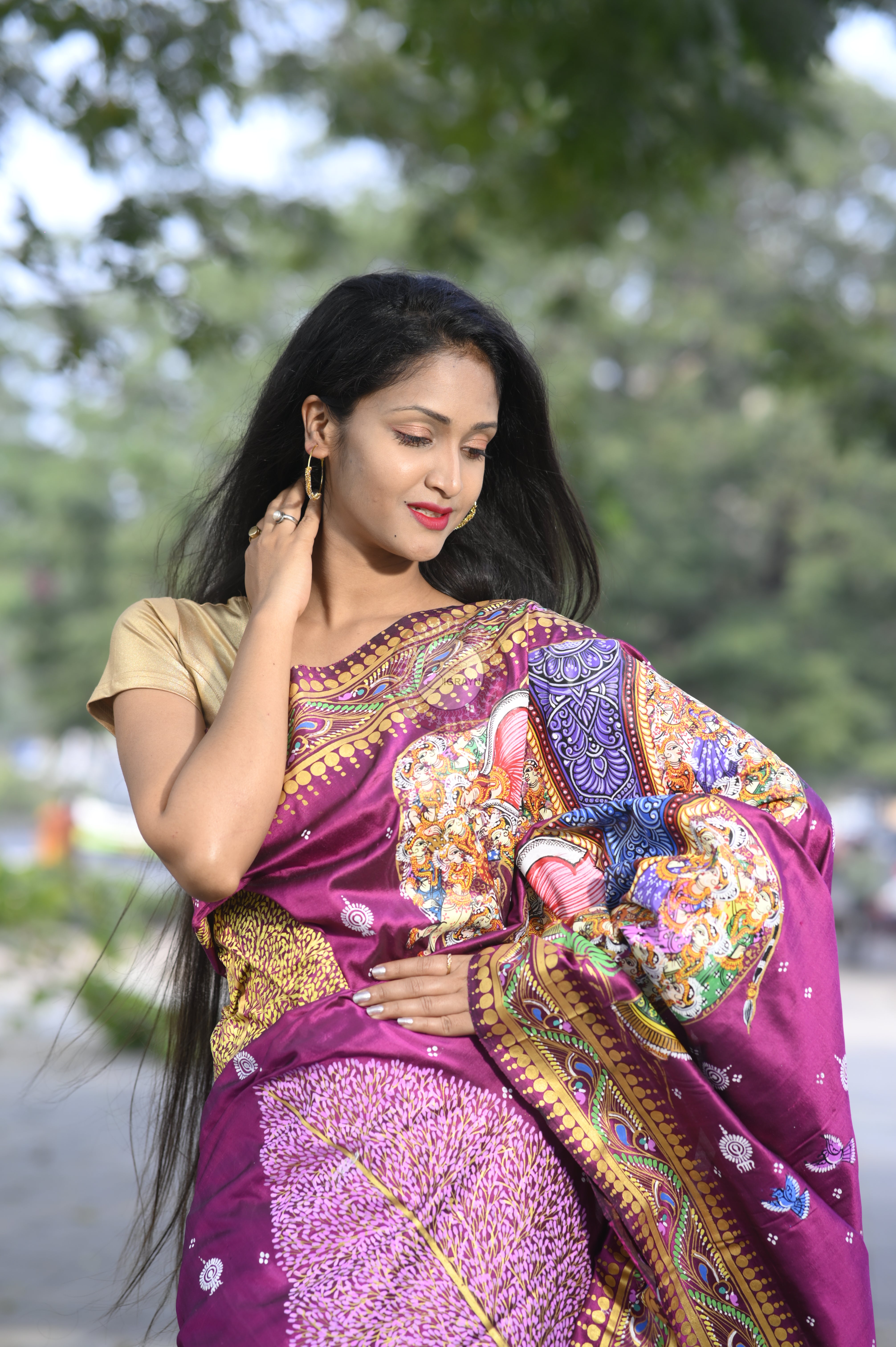Purple 7 Figure Kandrap Hasti Theme Pattachitra Silk Saree