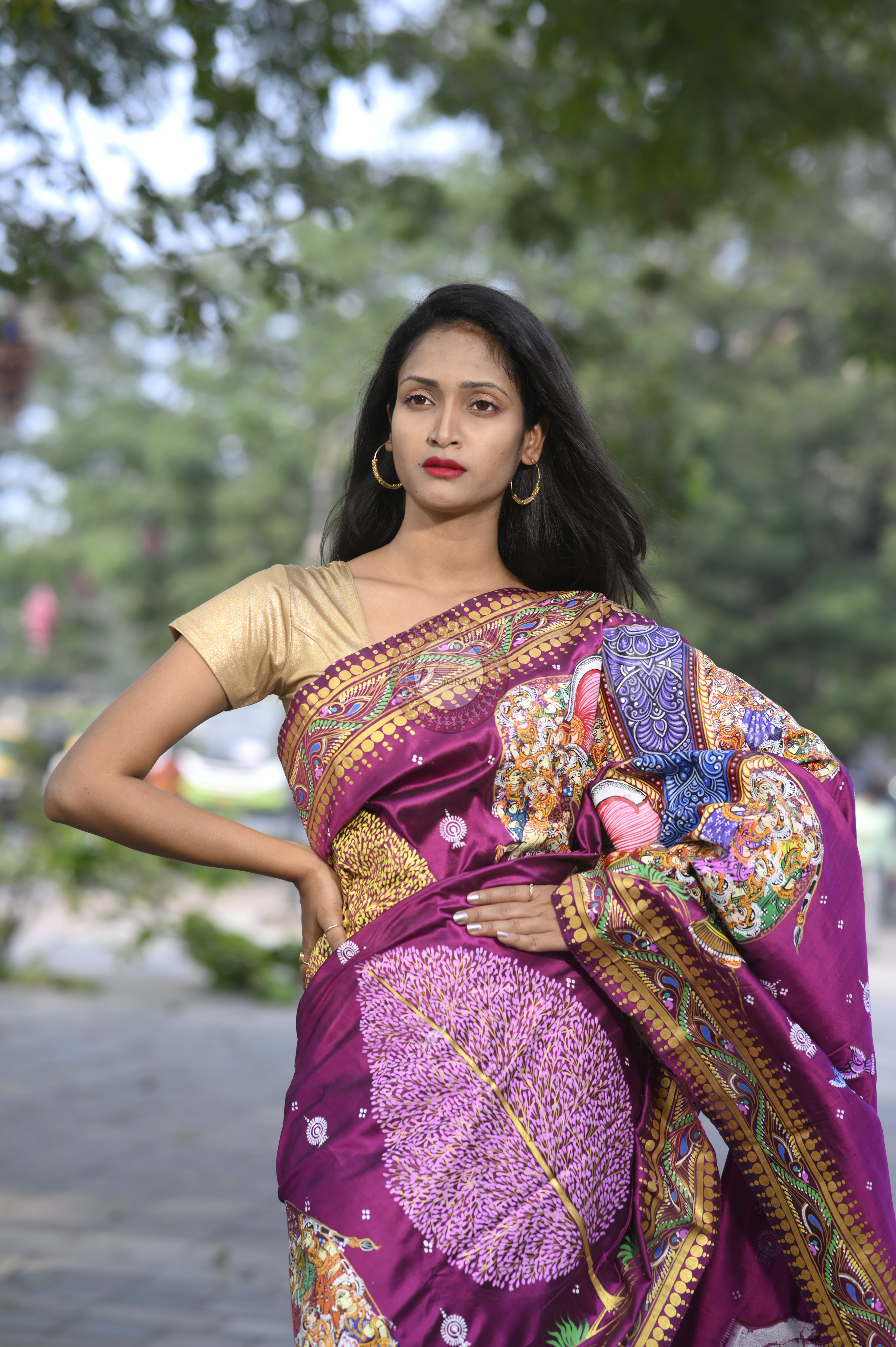 Purple 7 Figure Kandrap Hasti Theme Pattachitra Silk Saree