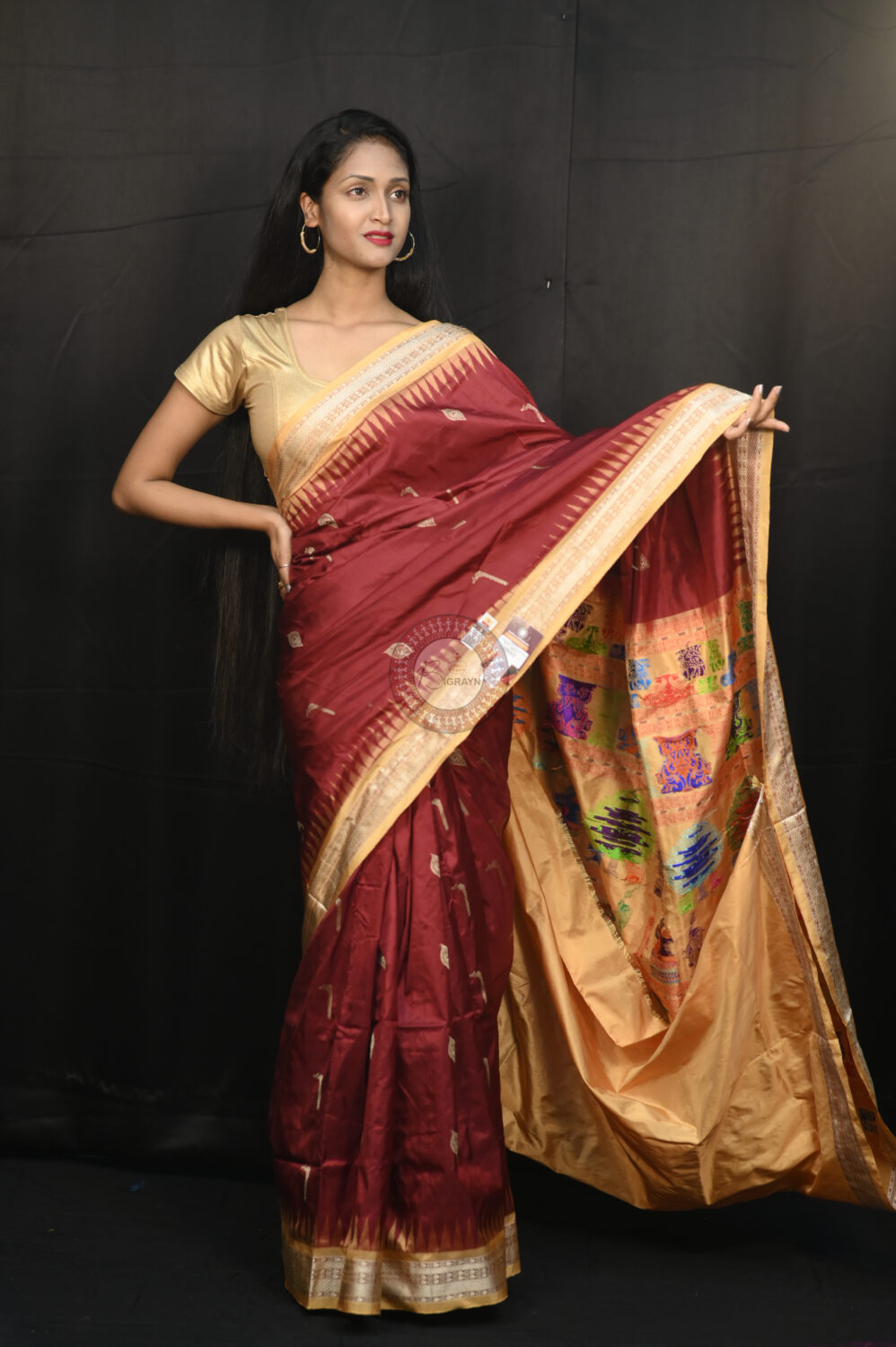 Maroon Golden Rasleela Exclusive Sambalpuri Silk Saree