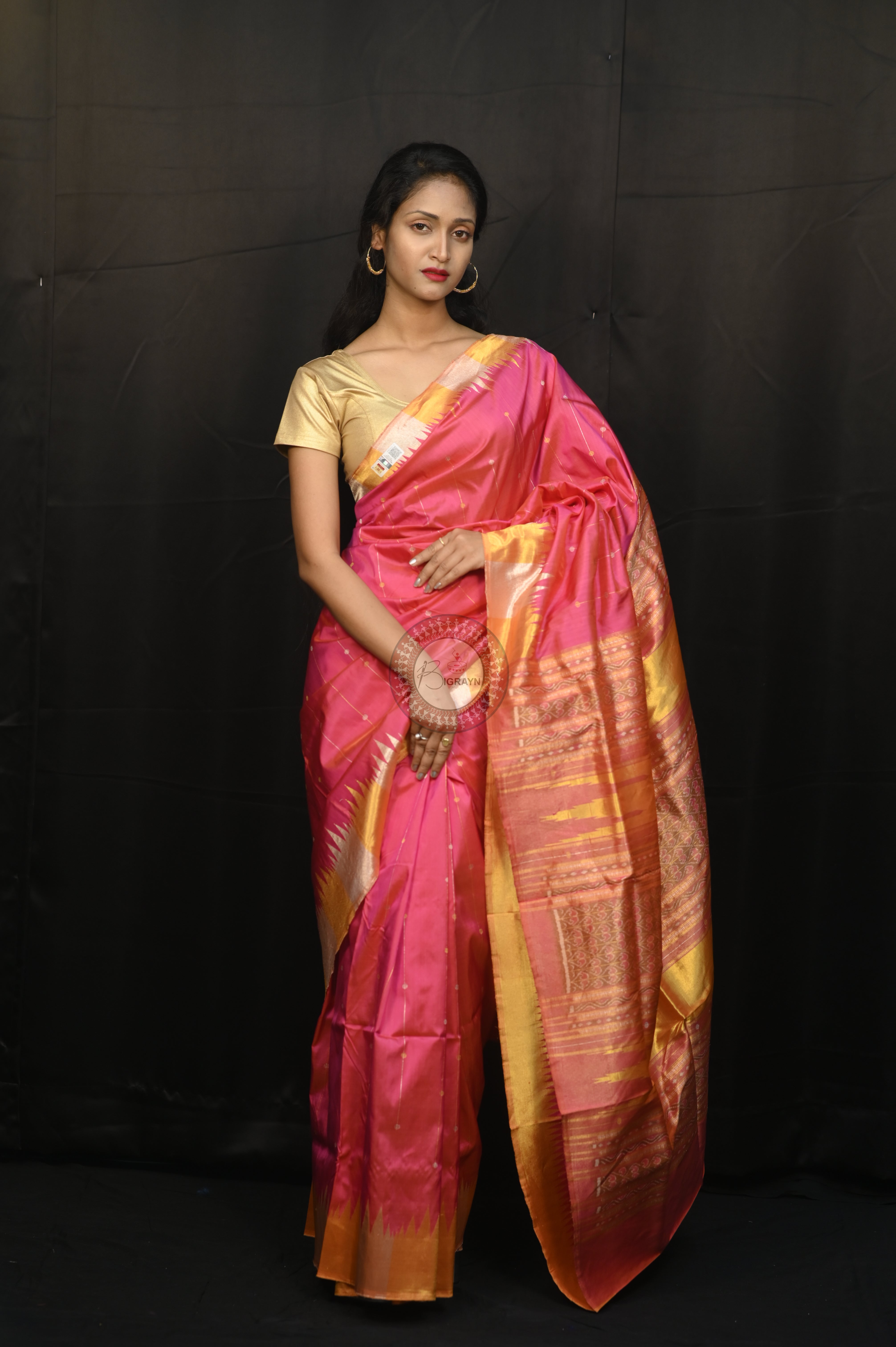 "Odisha Handloom Tissue Silk Saree with shimmering texture, elegant zari border, and lightweight drape, handcrafted by artisans"