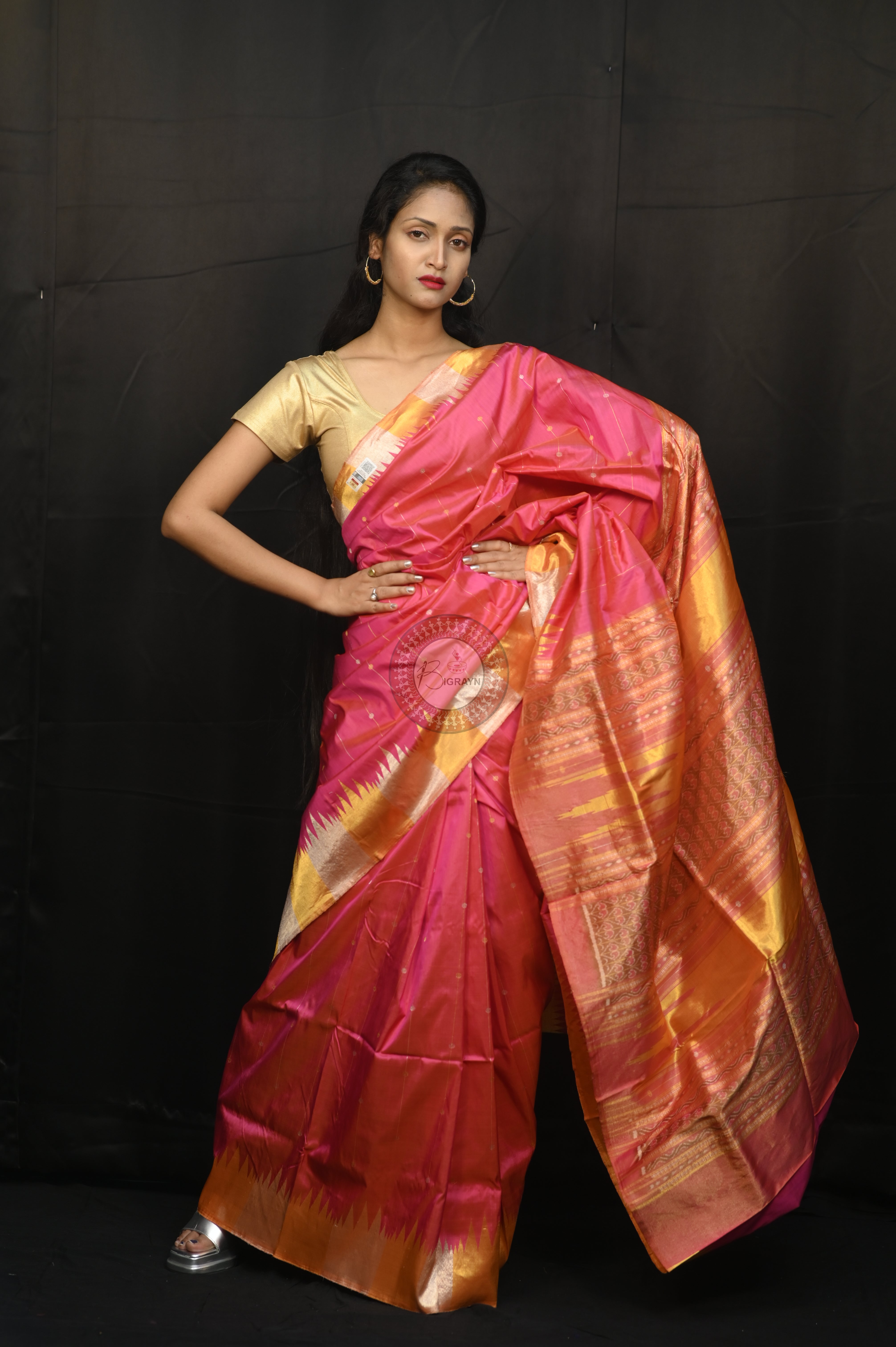 "Odisha Handloom Tissue Silk Saree with shimmering texture, elegant zari border, and lightweight drape, handcrafted by artisans"