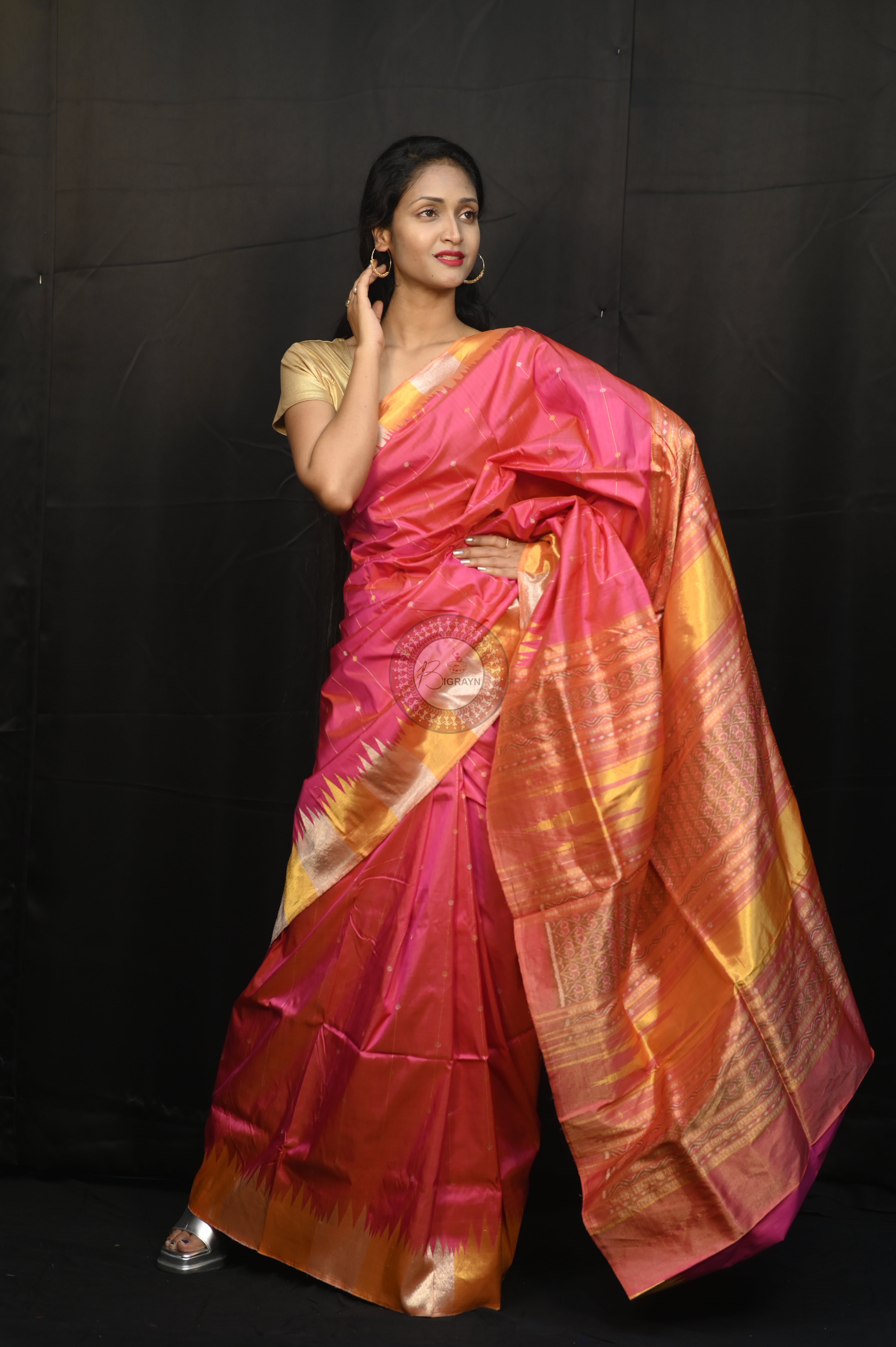 "Odisha Handloom Tissue Silk Saree with shimmering texture, elegant zari border, and lightweight drape, handcrafted by artisans"