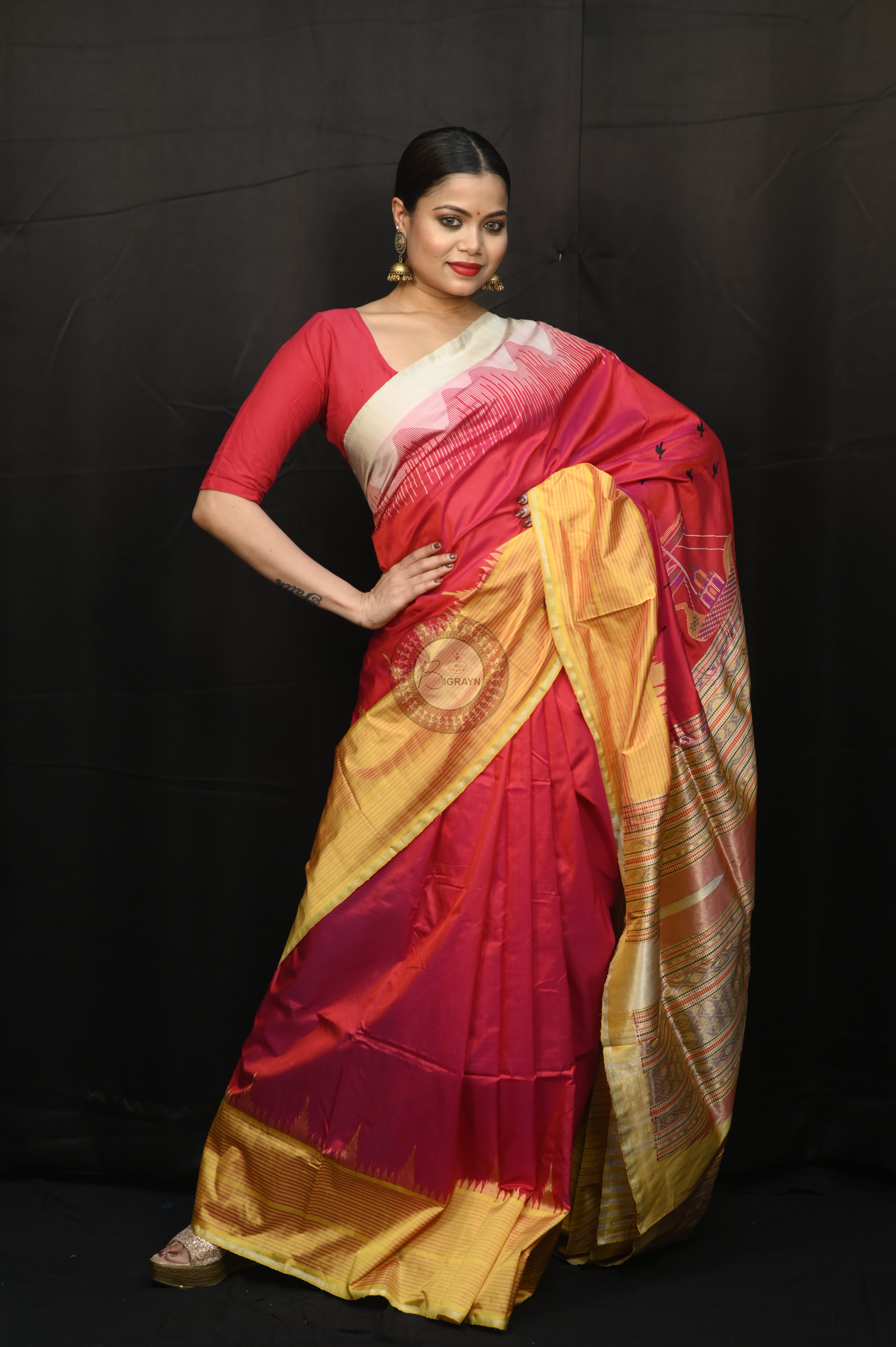 "Odisha Handloom Tissue Silk Saree with shimmering texture, elegant zari border, and lightweight drape, handcrafted by artisans"