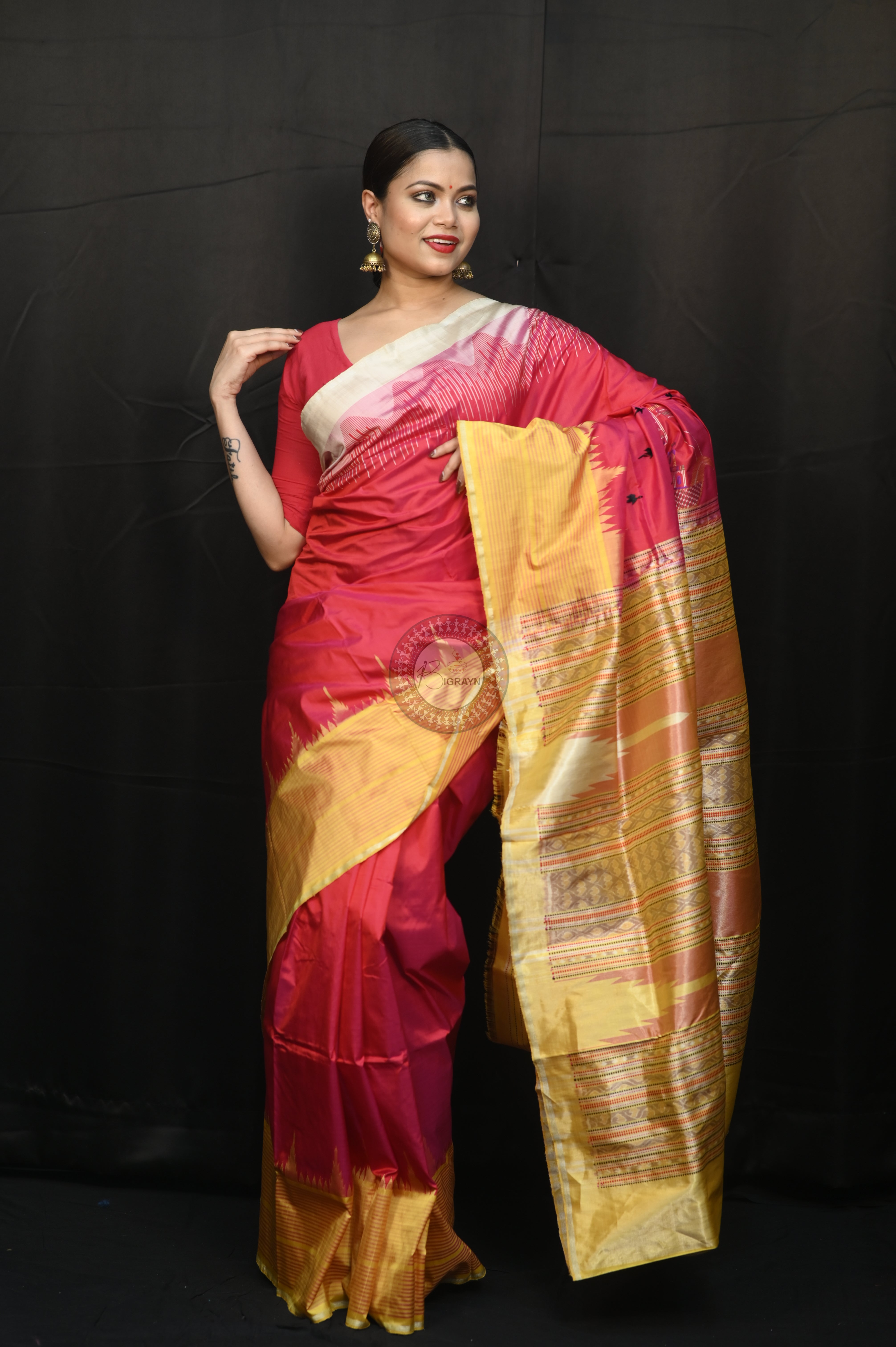 "Odisha Handloom Tissue Silk Saree with shimmering texture, elegant zari border, and lightweight drape, handcrafted by artisans"