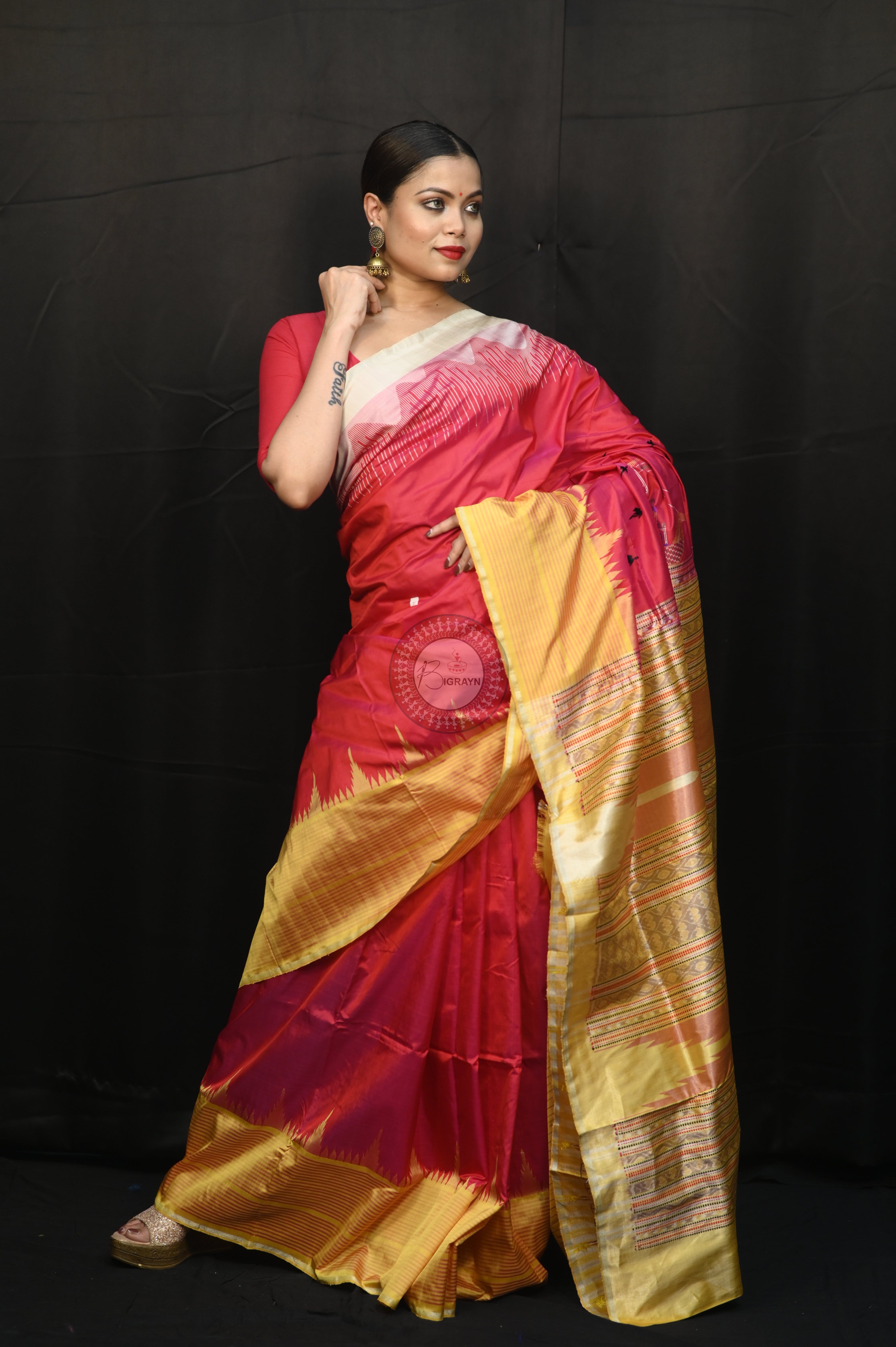 "Odisha Handloom Tissue Silk Saree with shimmering texture, elegant zari border, and lightweight drape, handcrafted by artisans"