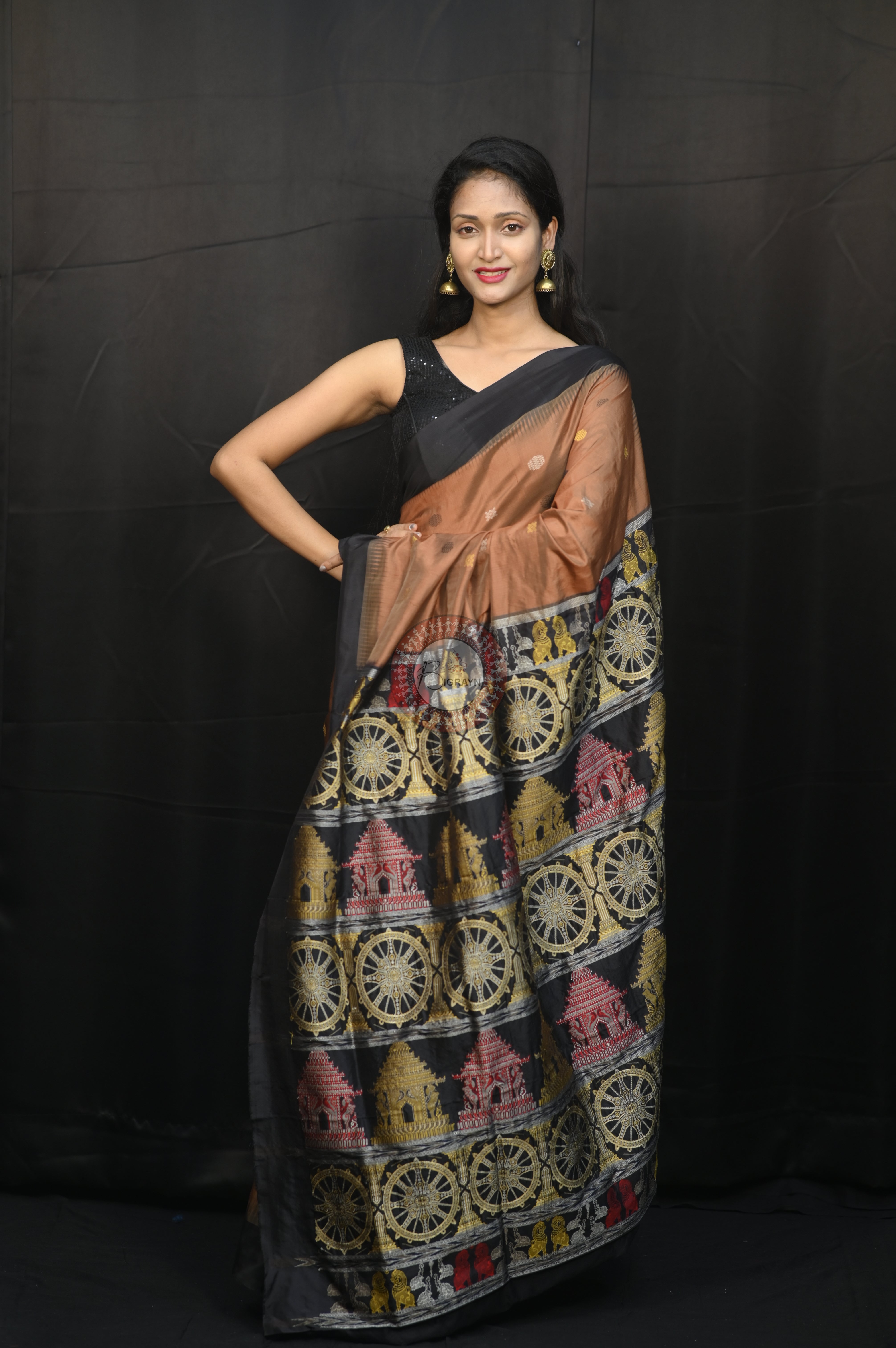 Brown Black Konark Temple Chakra Sambalpuri Exclusive Silk Saree