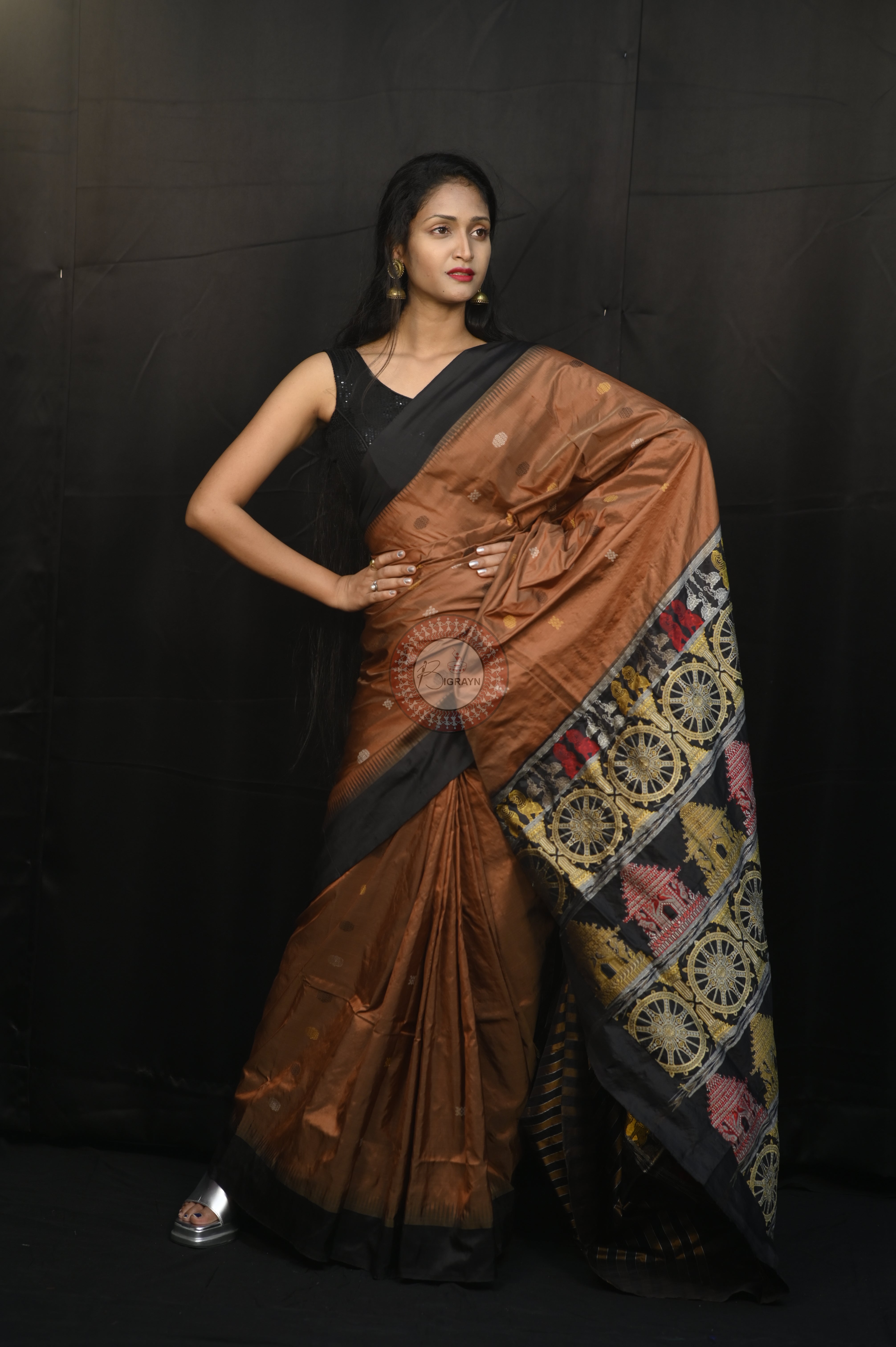 Brown Black Konark Temple Chakra Sambalpuri Exclusive Silk Saree