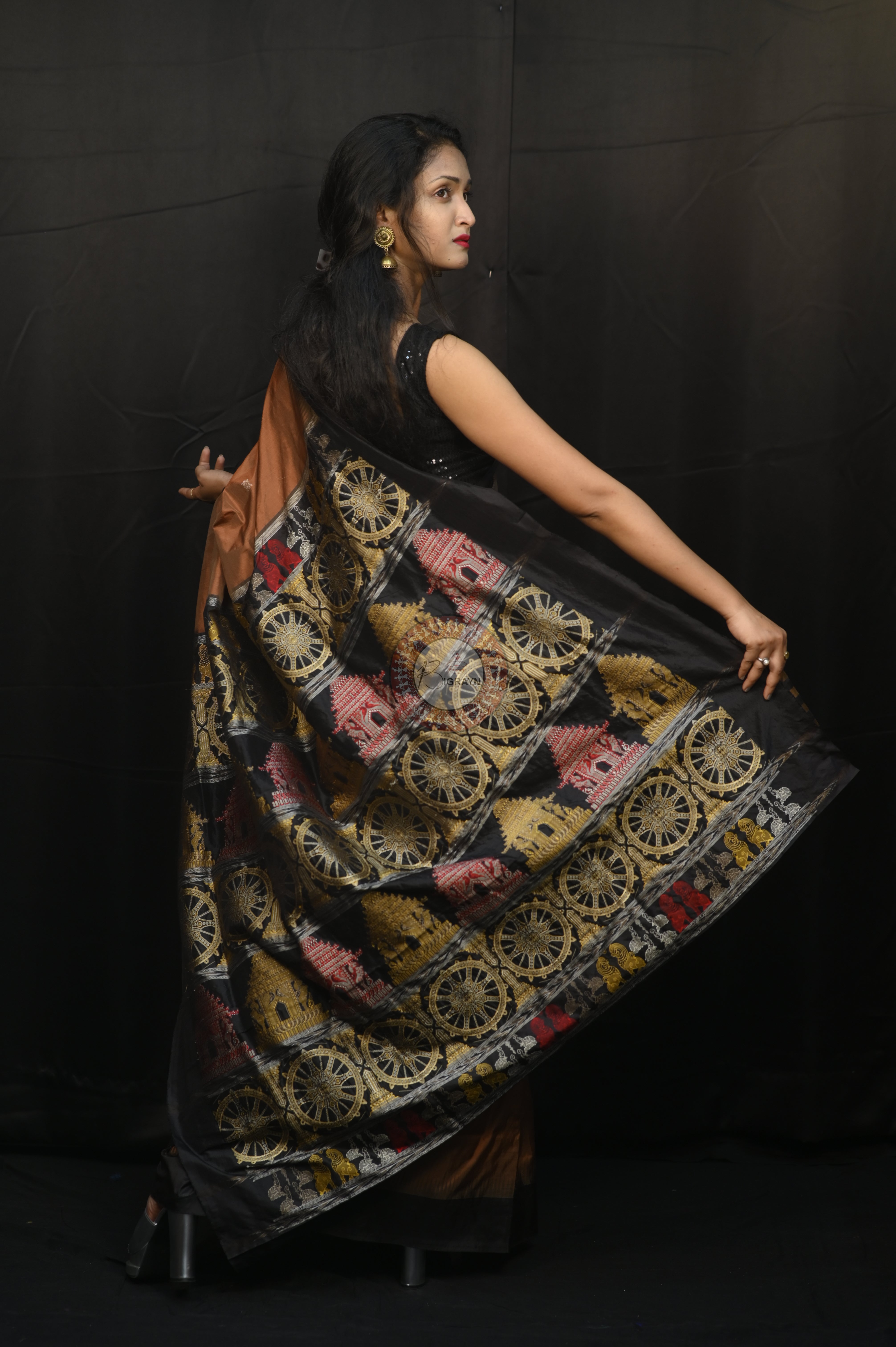 Brown Black Konark Temple Chakra Sambalpuri Exclusive Silk Saree