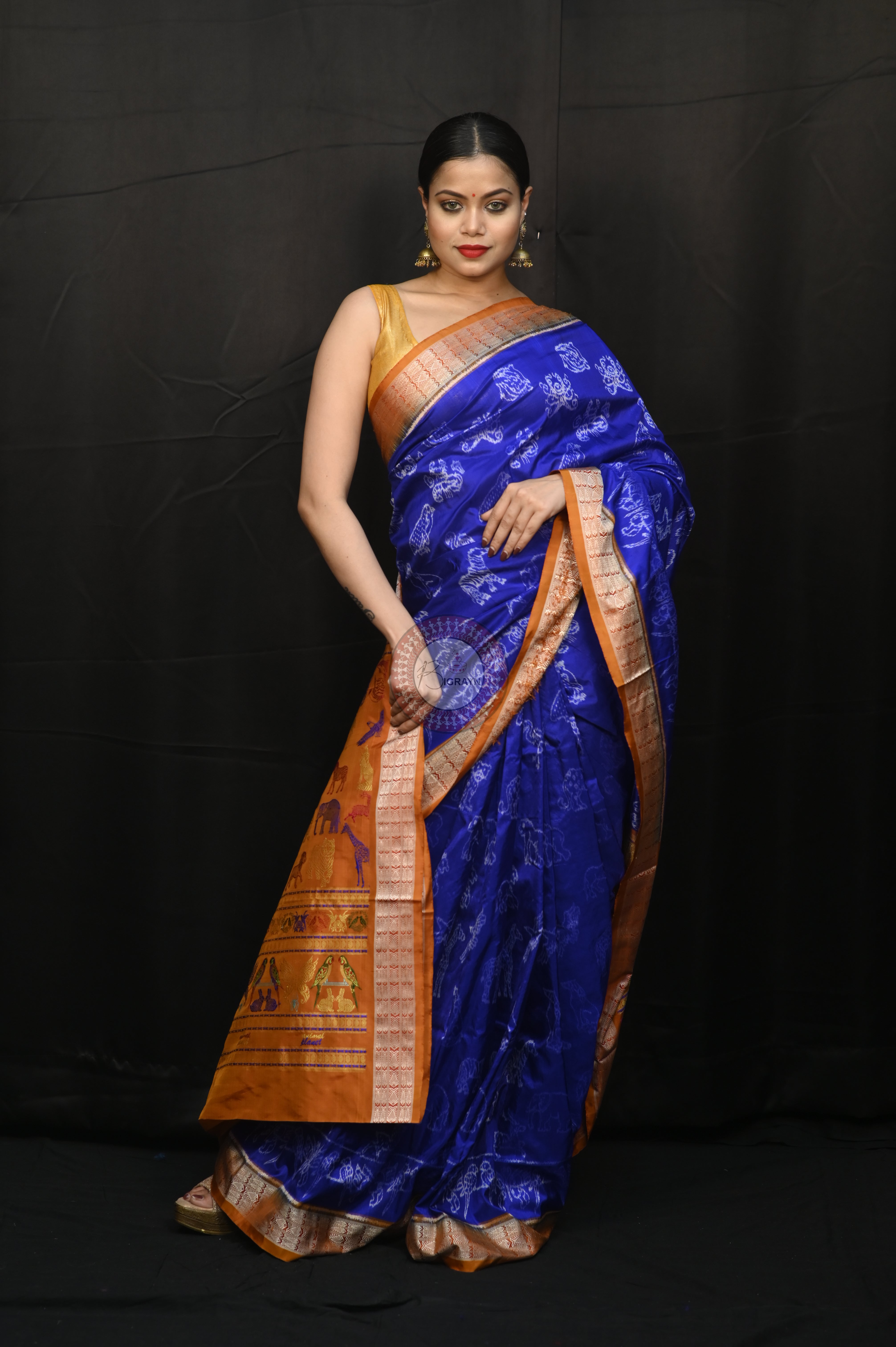 Blue Rust Animal Planet Sambalpuri Silk Saree