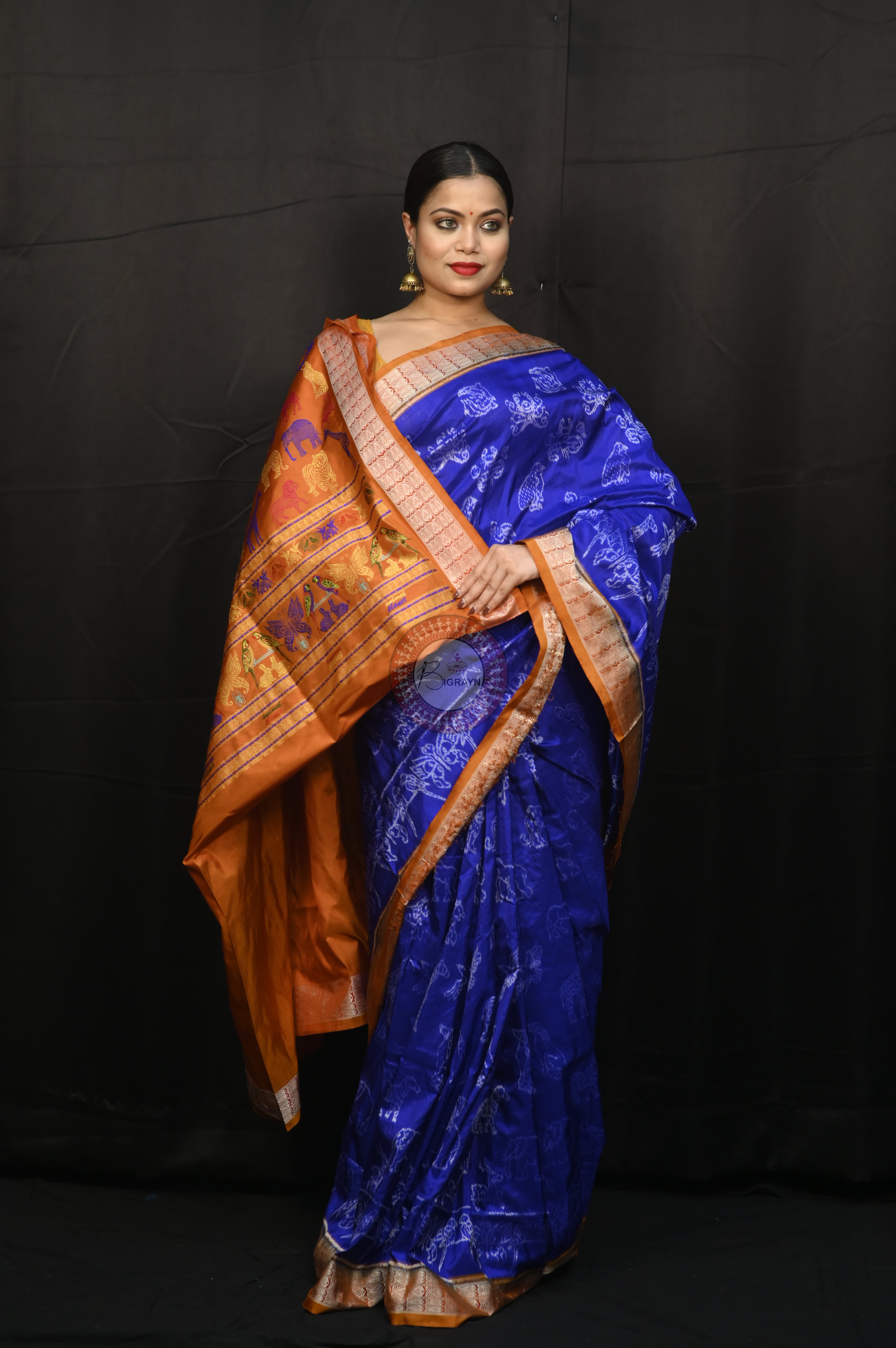 Blue Rust Animal Planet Sambalpuri Silk Saree