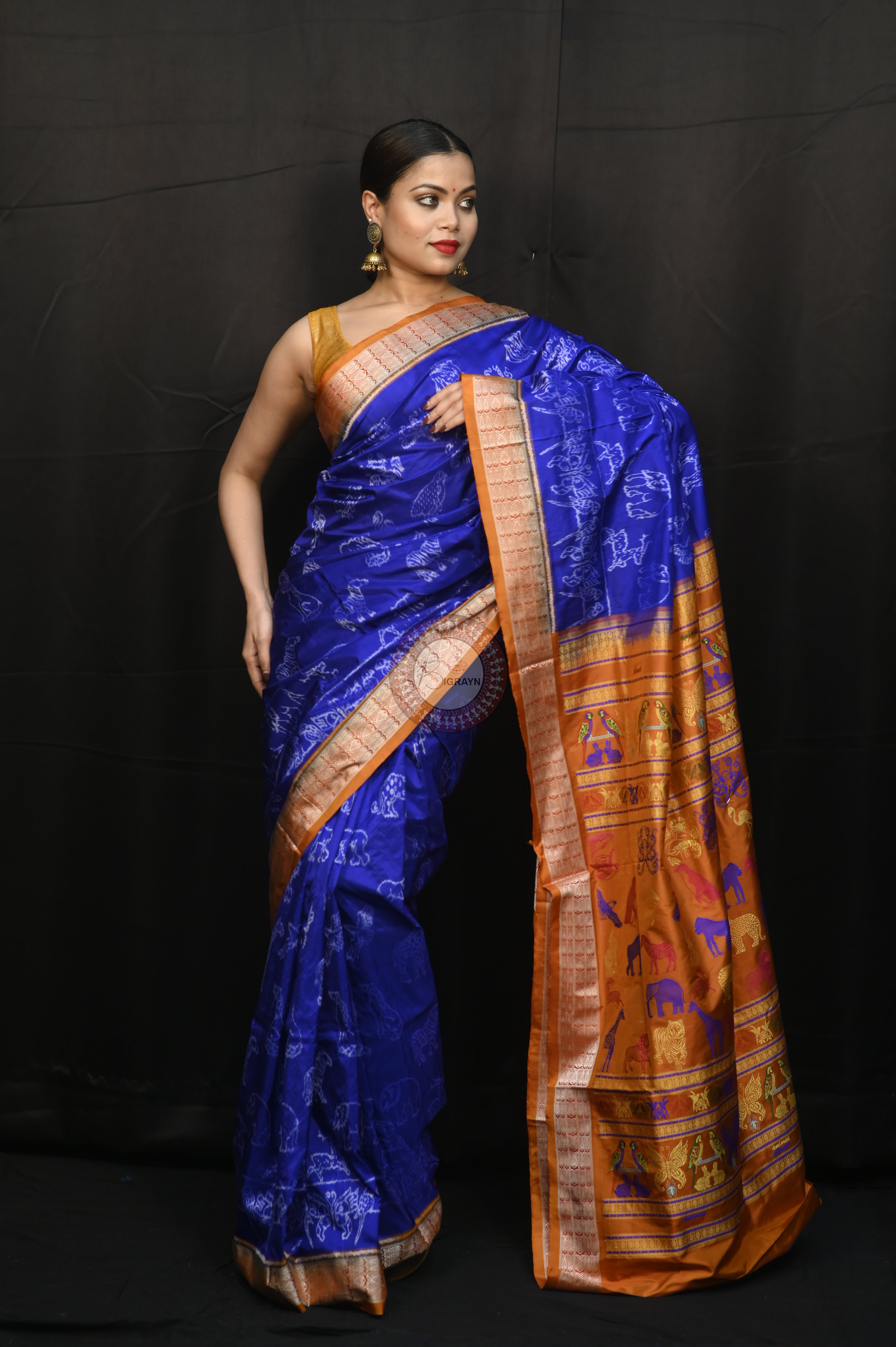 Blue Rust Animal Planet Sambalpuri Silk Saree