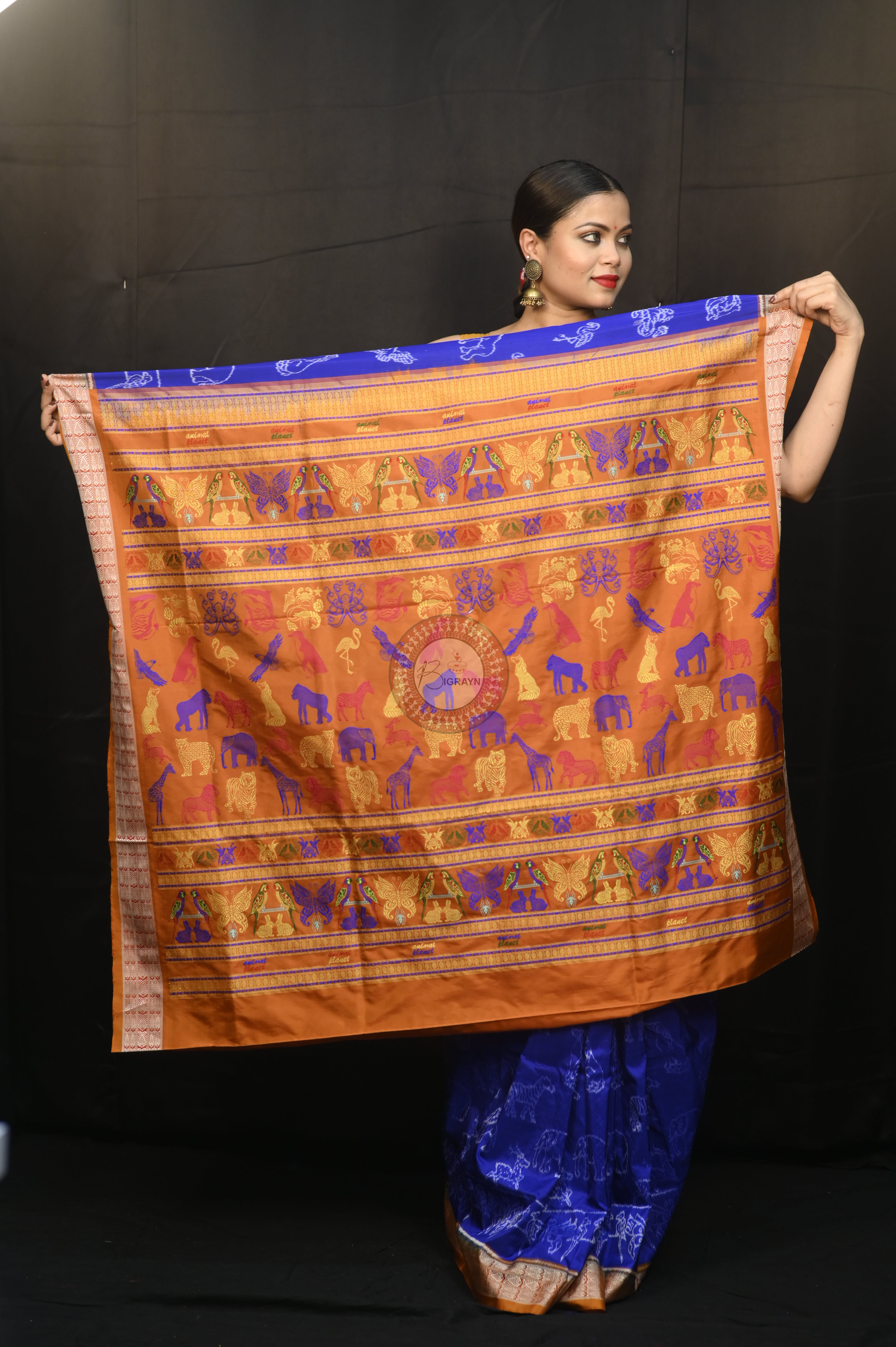 Blue Rust Animal Planet Sambalpuri Silk Saree