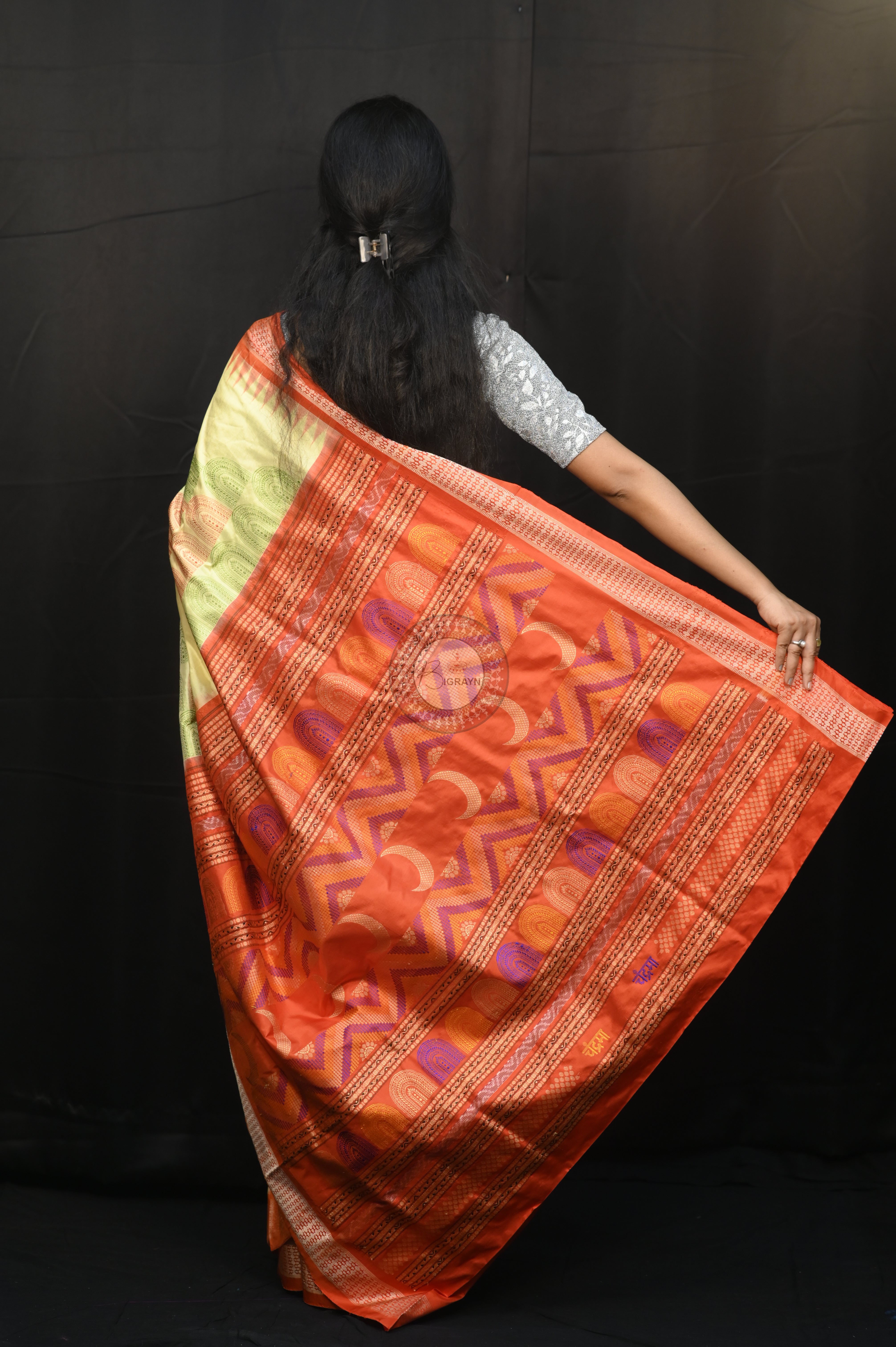 Creame Orange Chandrama Exclusive Sambalpuri Silk Saree