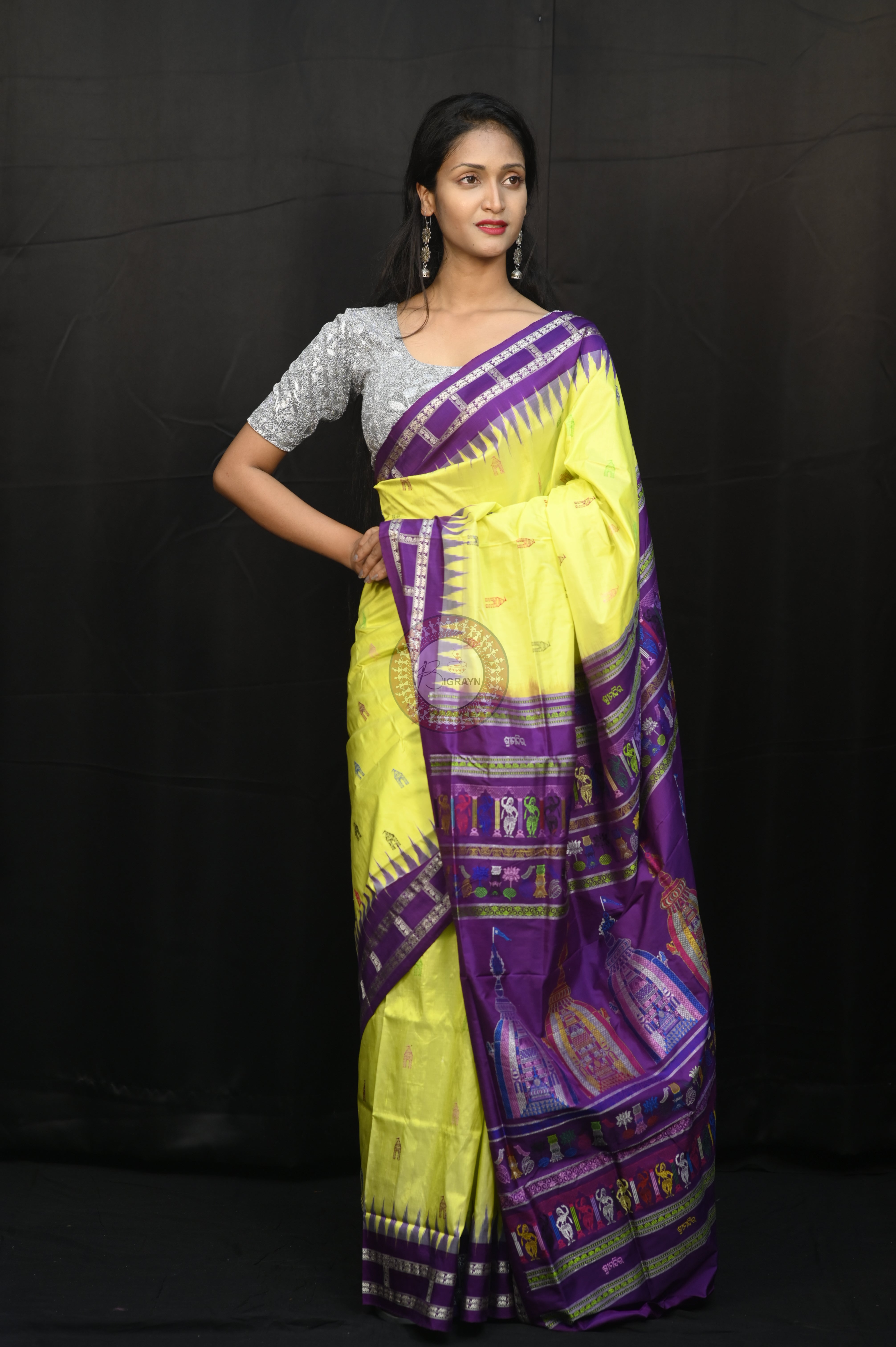 Lemon Yellow Purple Sri Mandir Sambalpuri Silk Saree
