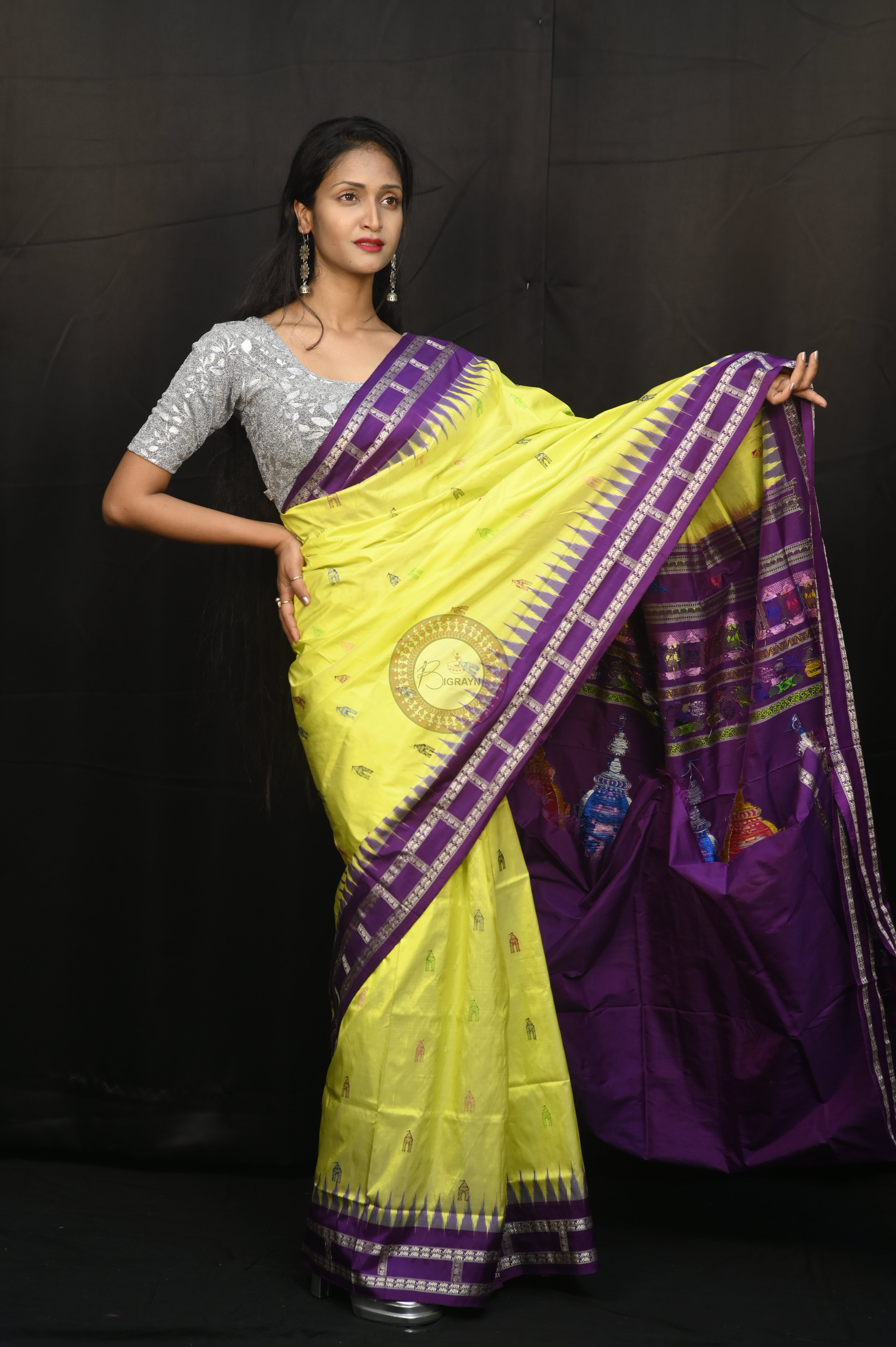 Lemon Yellow Purple Sri Mandir Sambalpuri Silk Saree