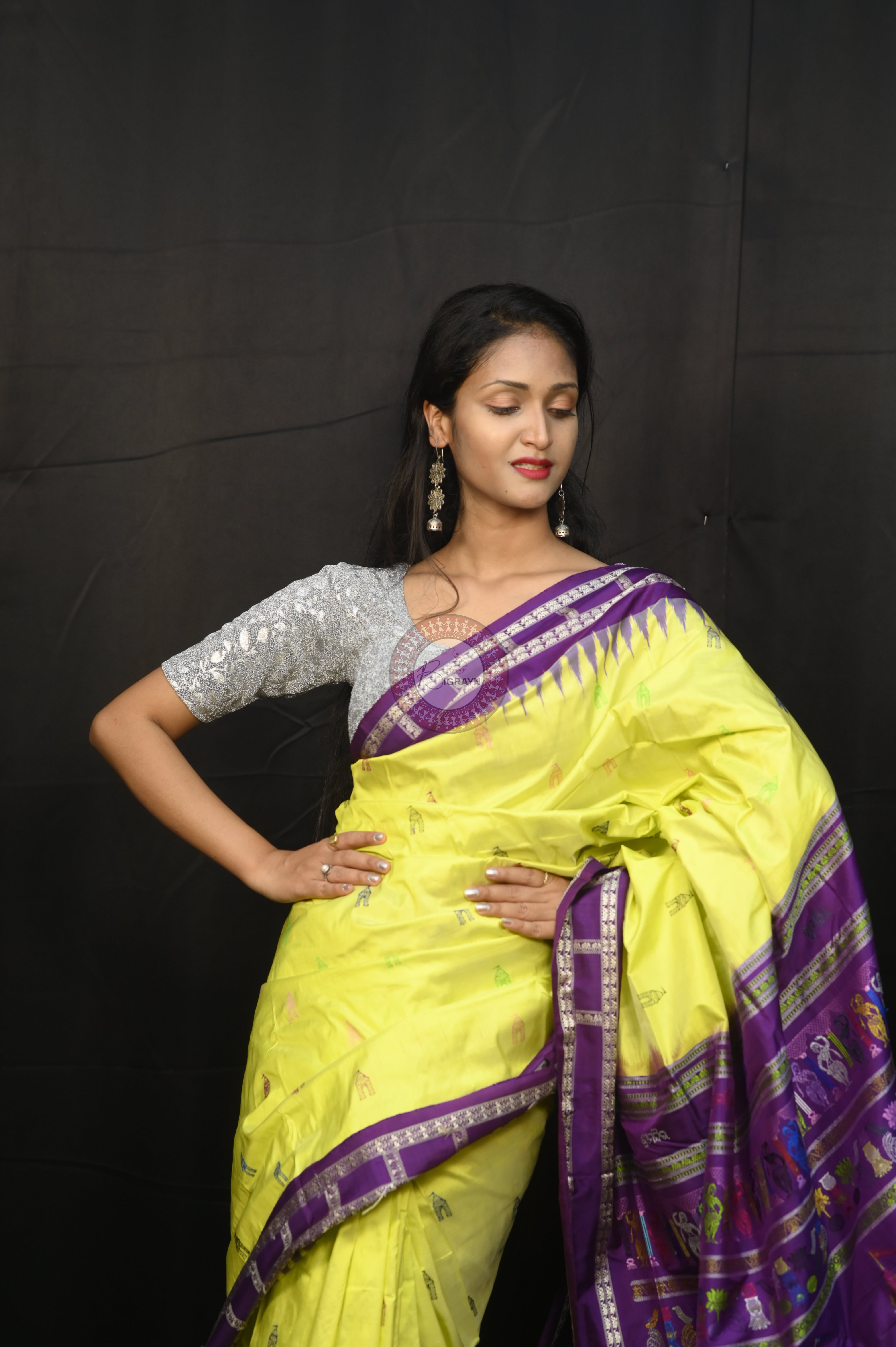 Lemon Yellow Purple Sri Mandir Sambalpuri Silk Saree