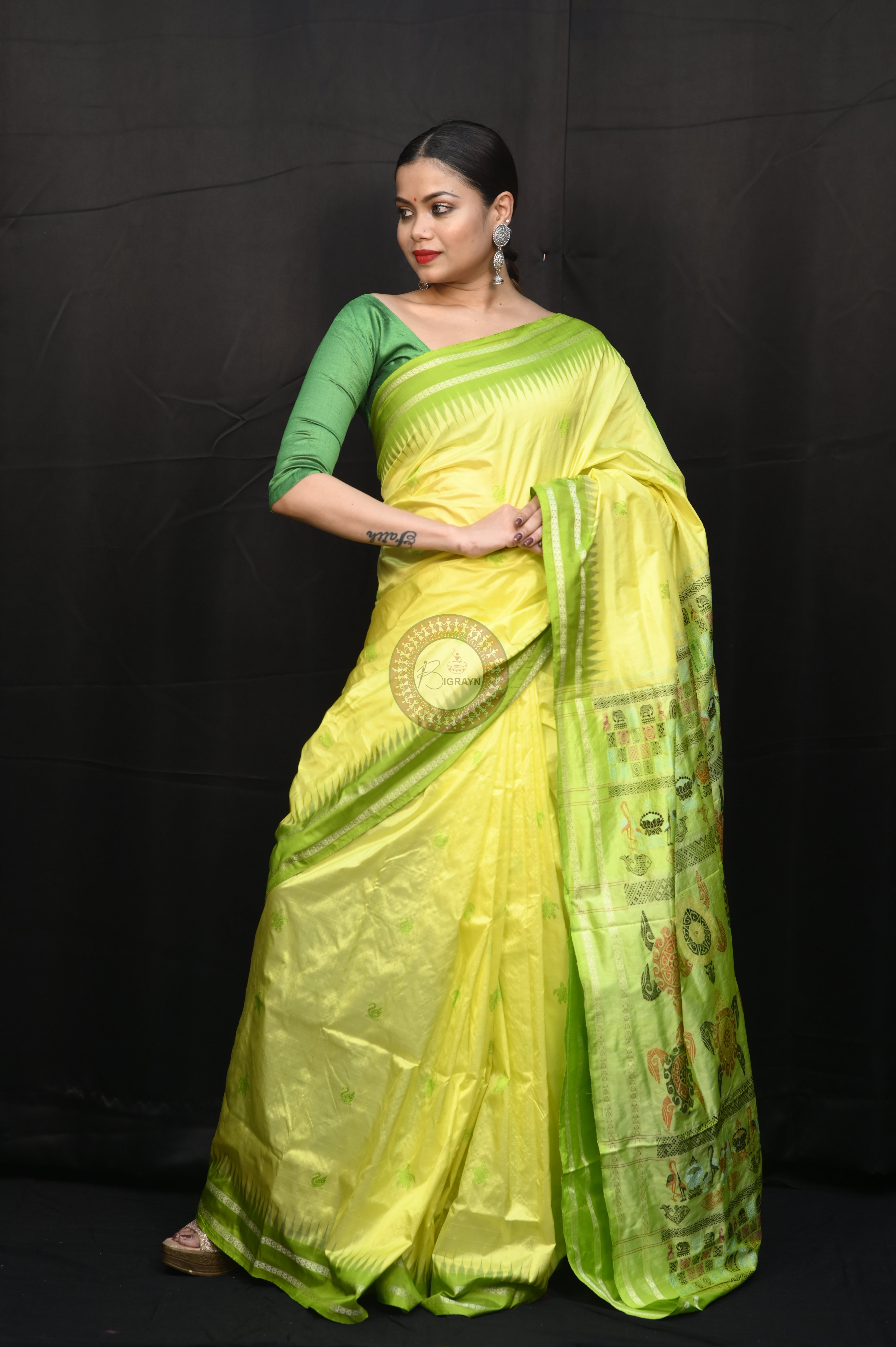 Lemon Yellow Parrot Green Chilika Theme Exclusive Sambalpuri Silk Saree