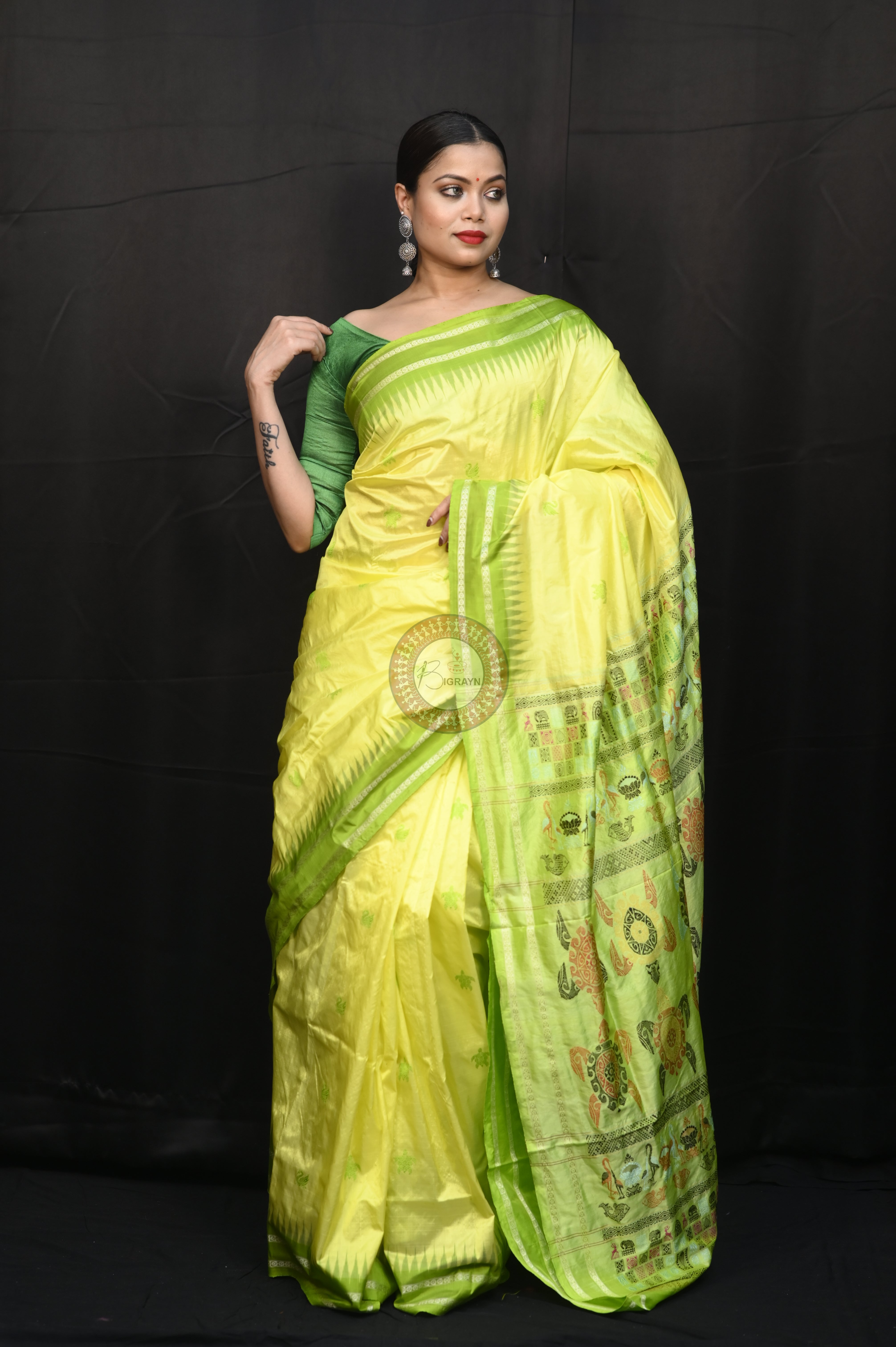 Lemon Yellow Parrot Green Chilika Theme Exclusive Sambalpuri Silk Saree