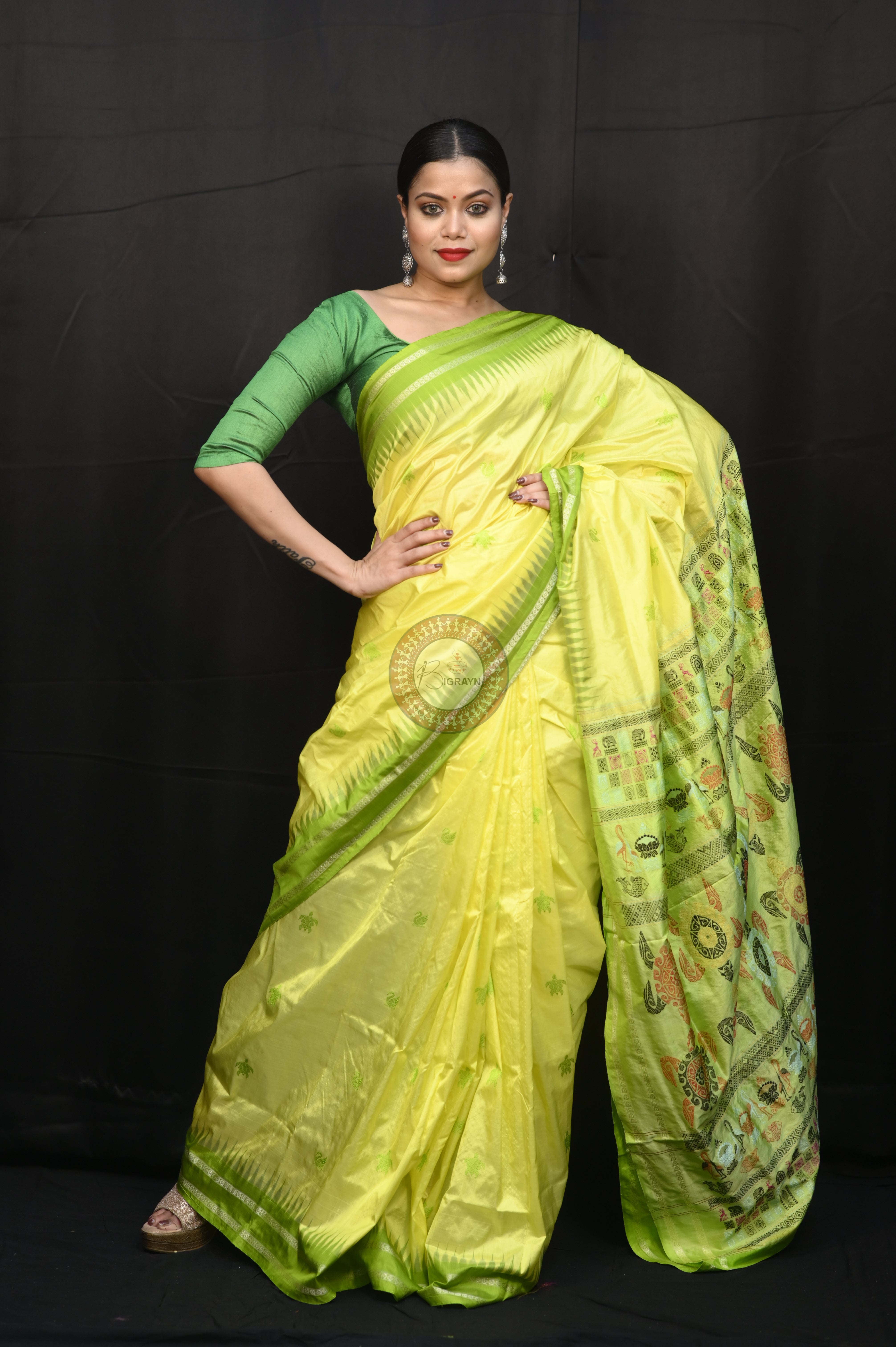 Lemon Yellow Parrot Green Chilika Theme Exclusive Sambalpuri Silk Saree