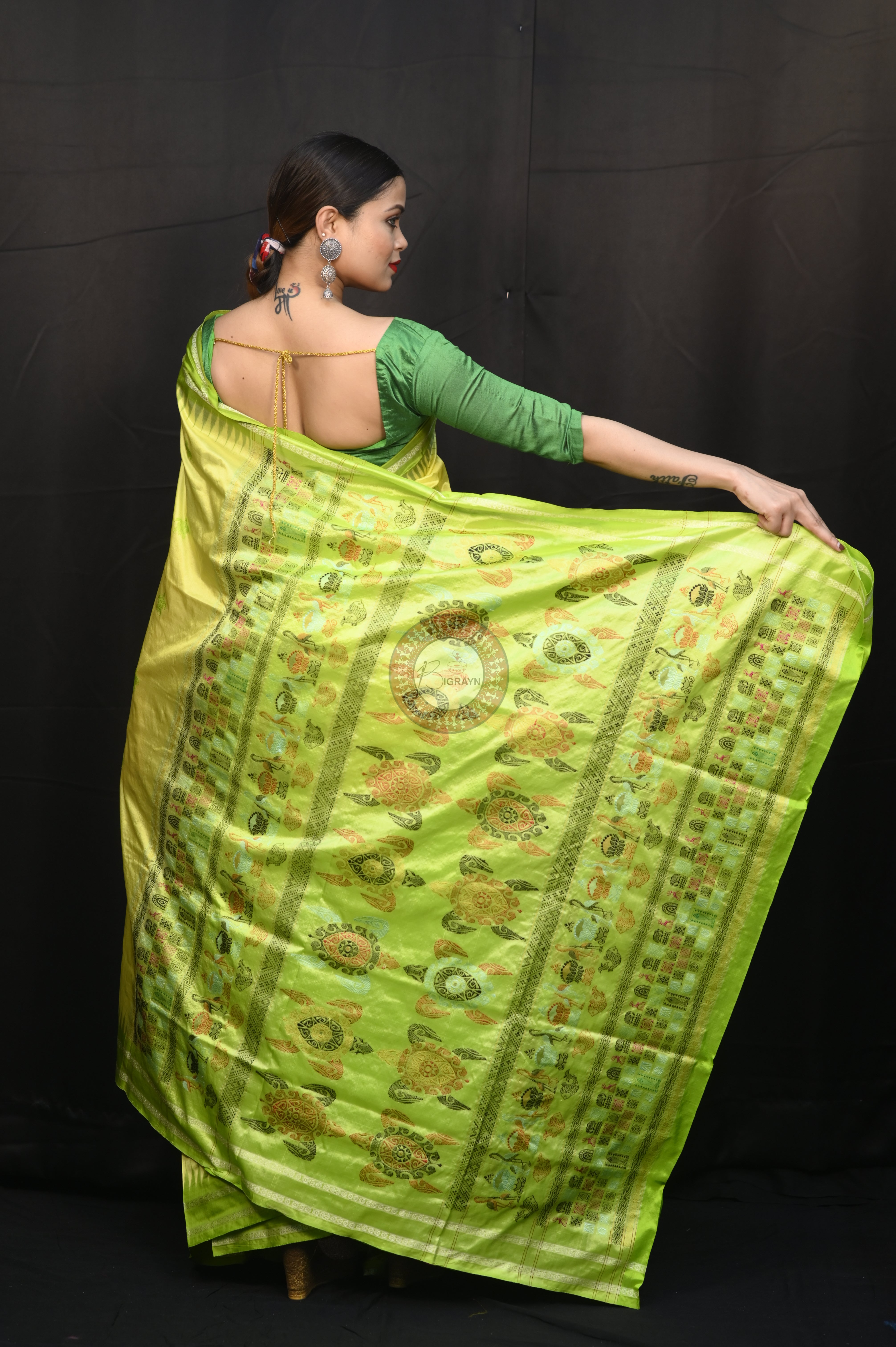 Lemon Yellow Parrot Green Chilika Theme Exclusive Sambalpuri Silk Saree
