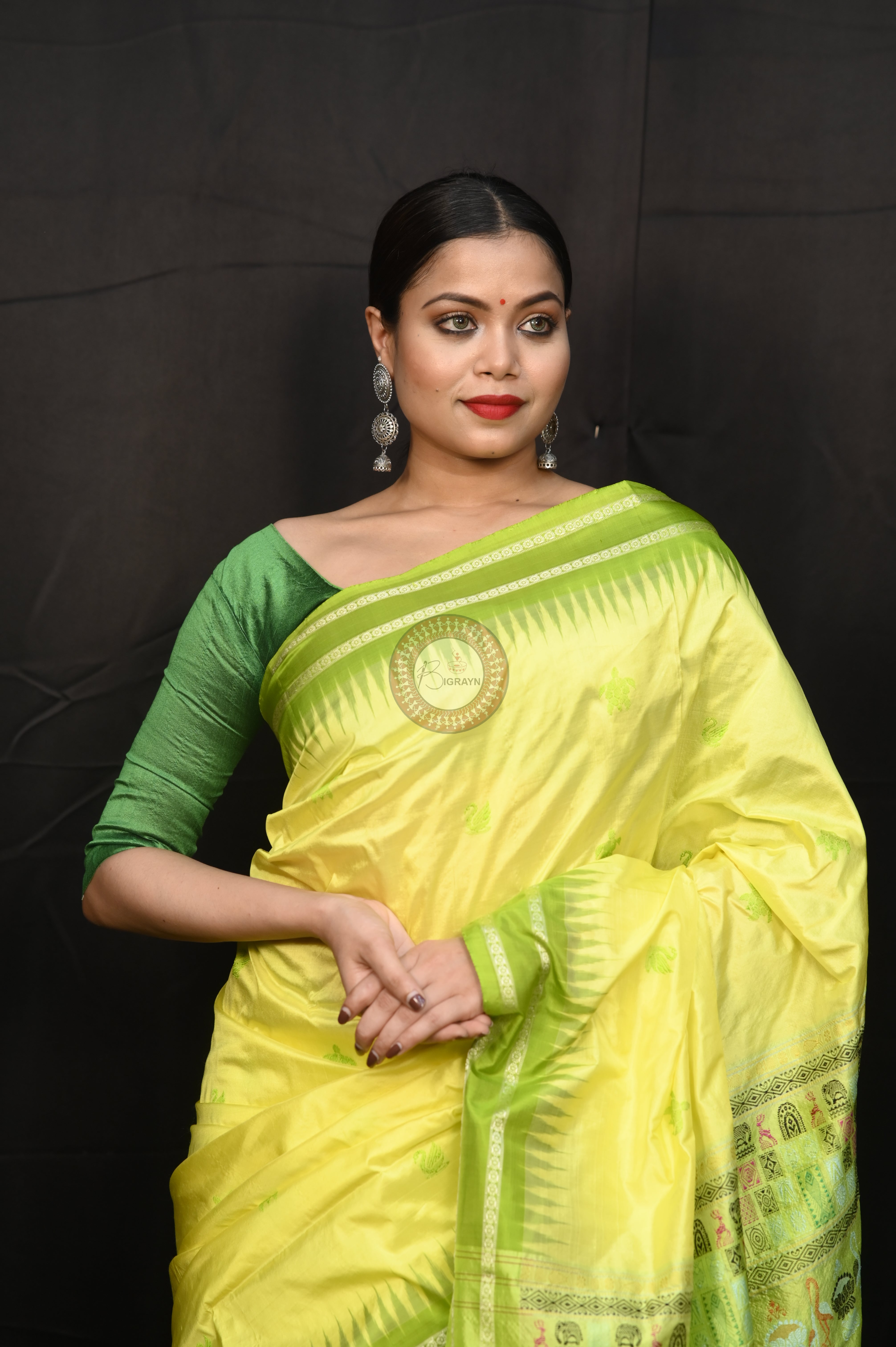 Lemon Yellow Parrot Green Chilika Theme Exclusive Sambalpuri Silk Saree