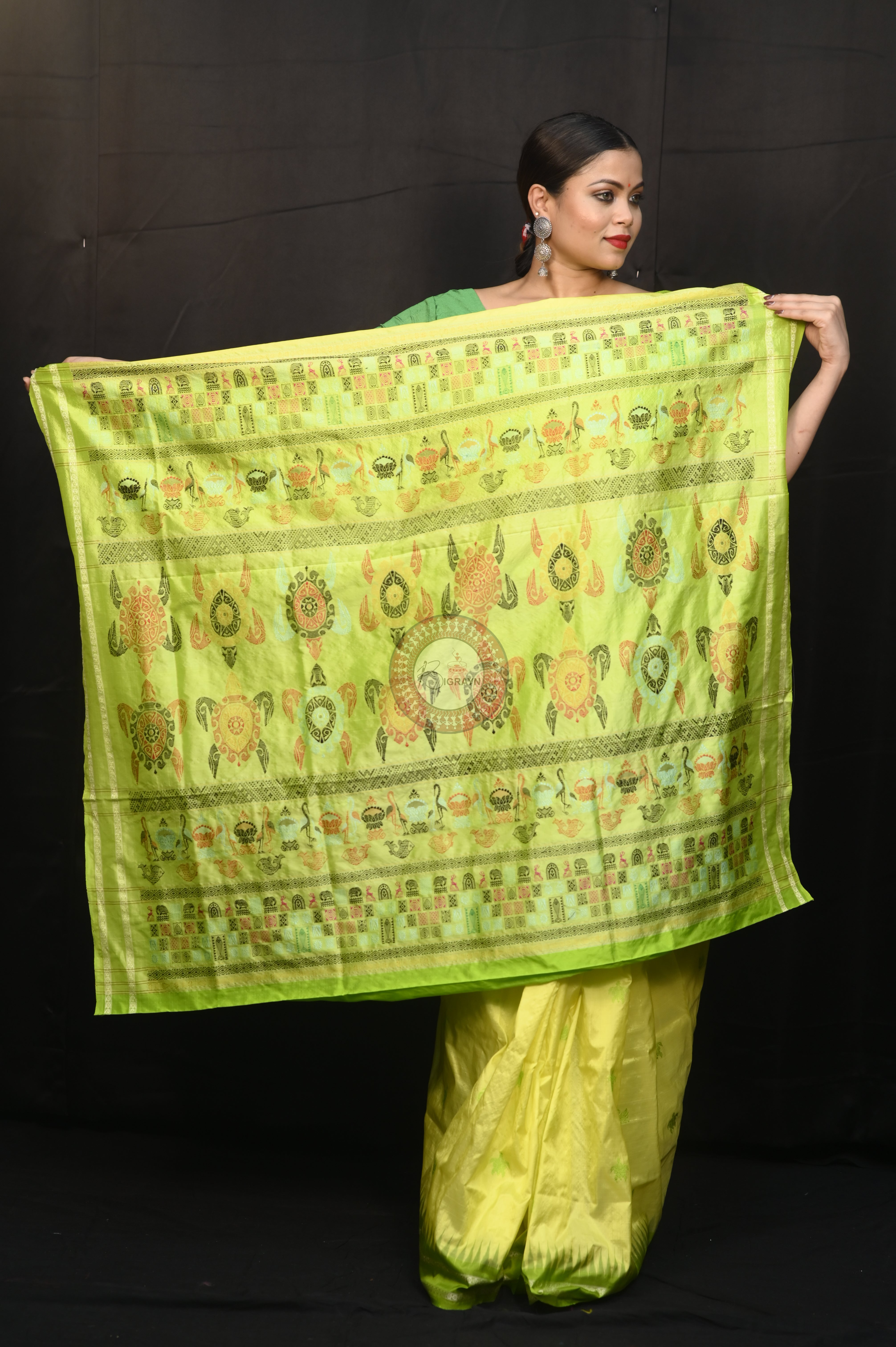 Lemon Yellow Parrot Green Chilika Theme Exclusive Sambalpuri Silk Saree