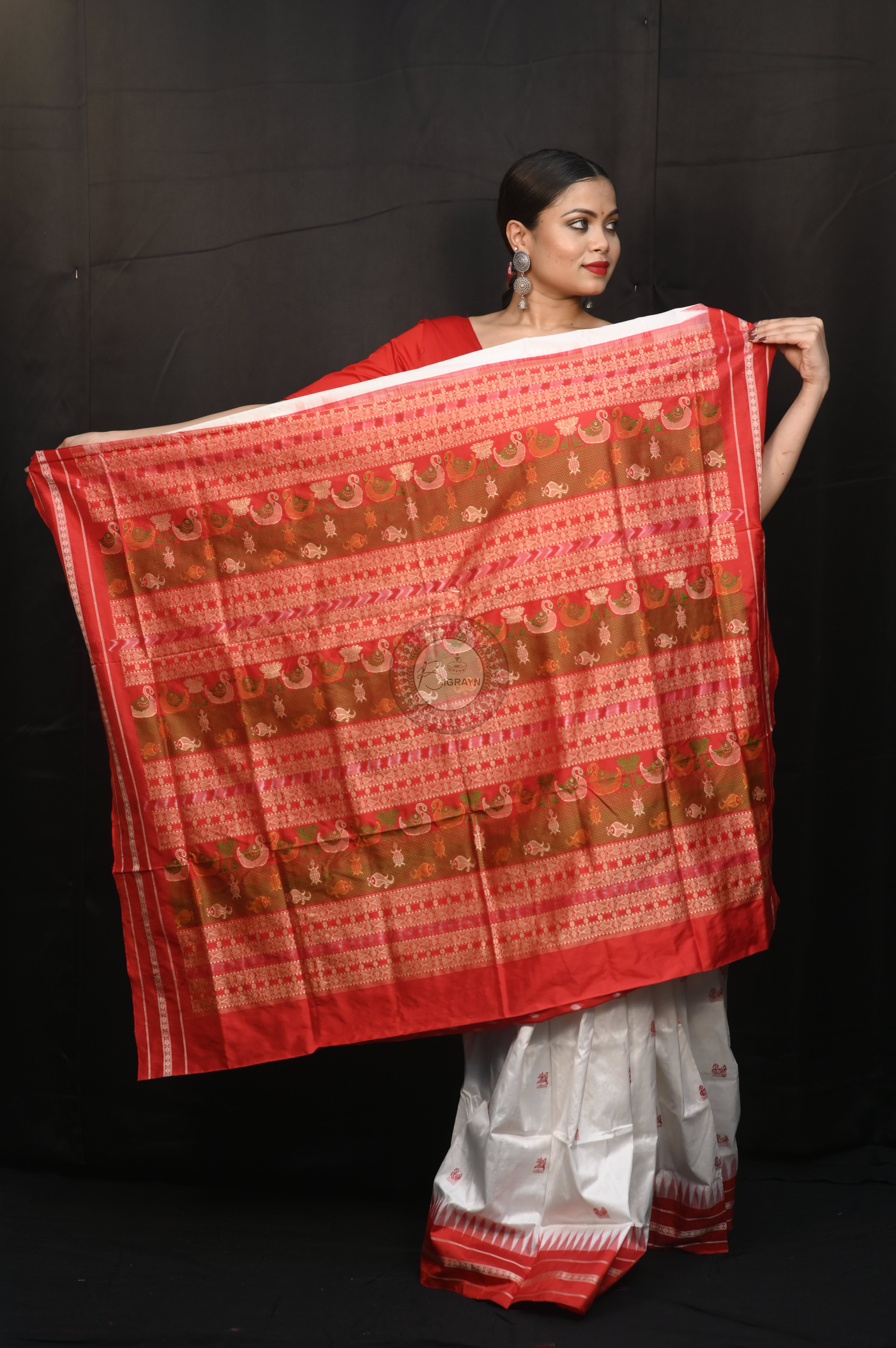 White Red Puskarini Theme Exclusive Sambalpuri Silk Saree