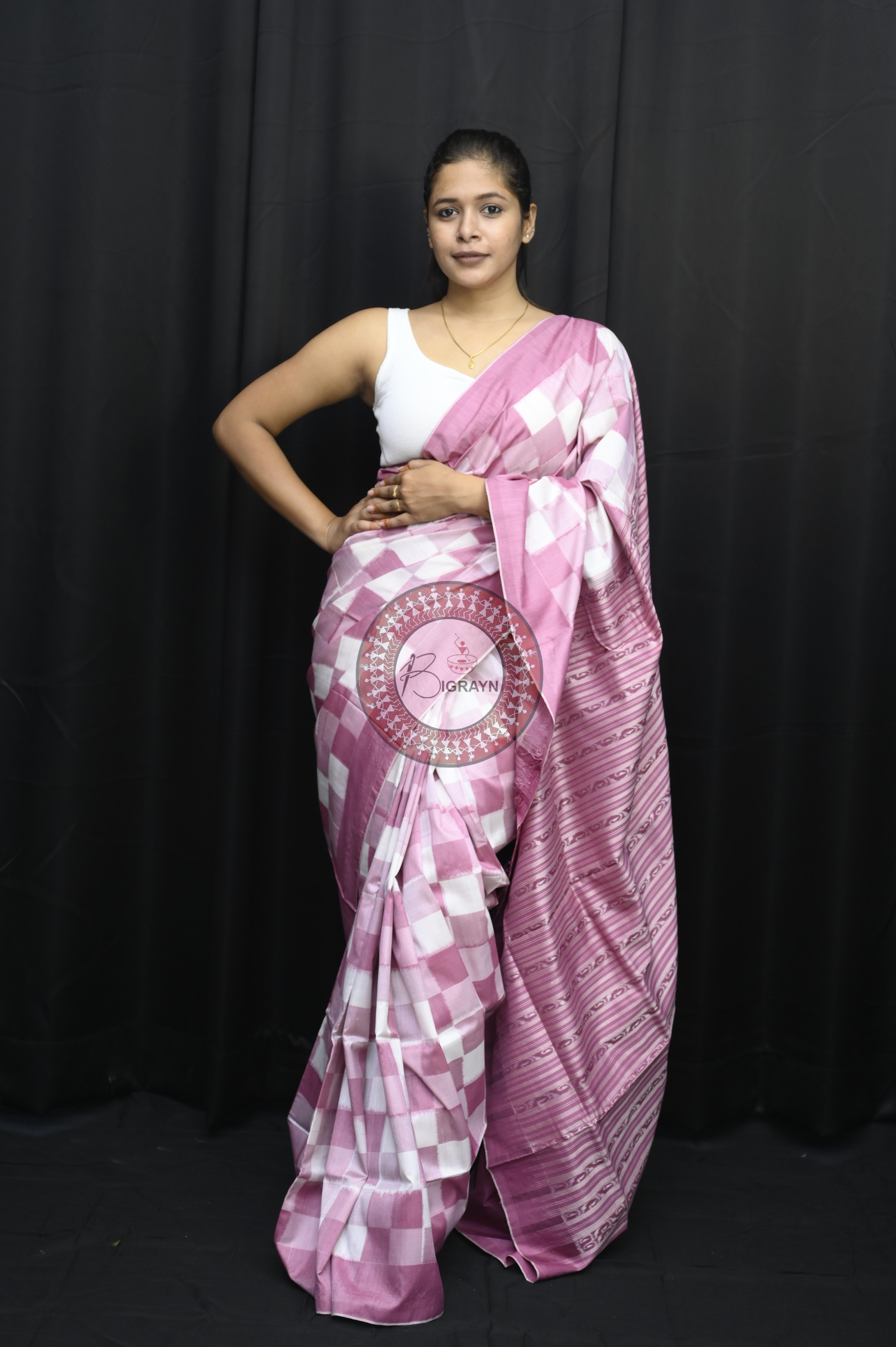 Onion White Pasapali Natural Dye Sambalpuri Silk Saree