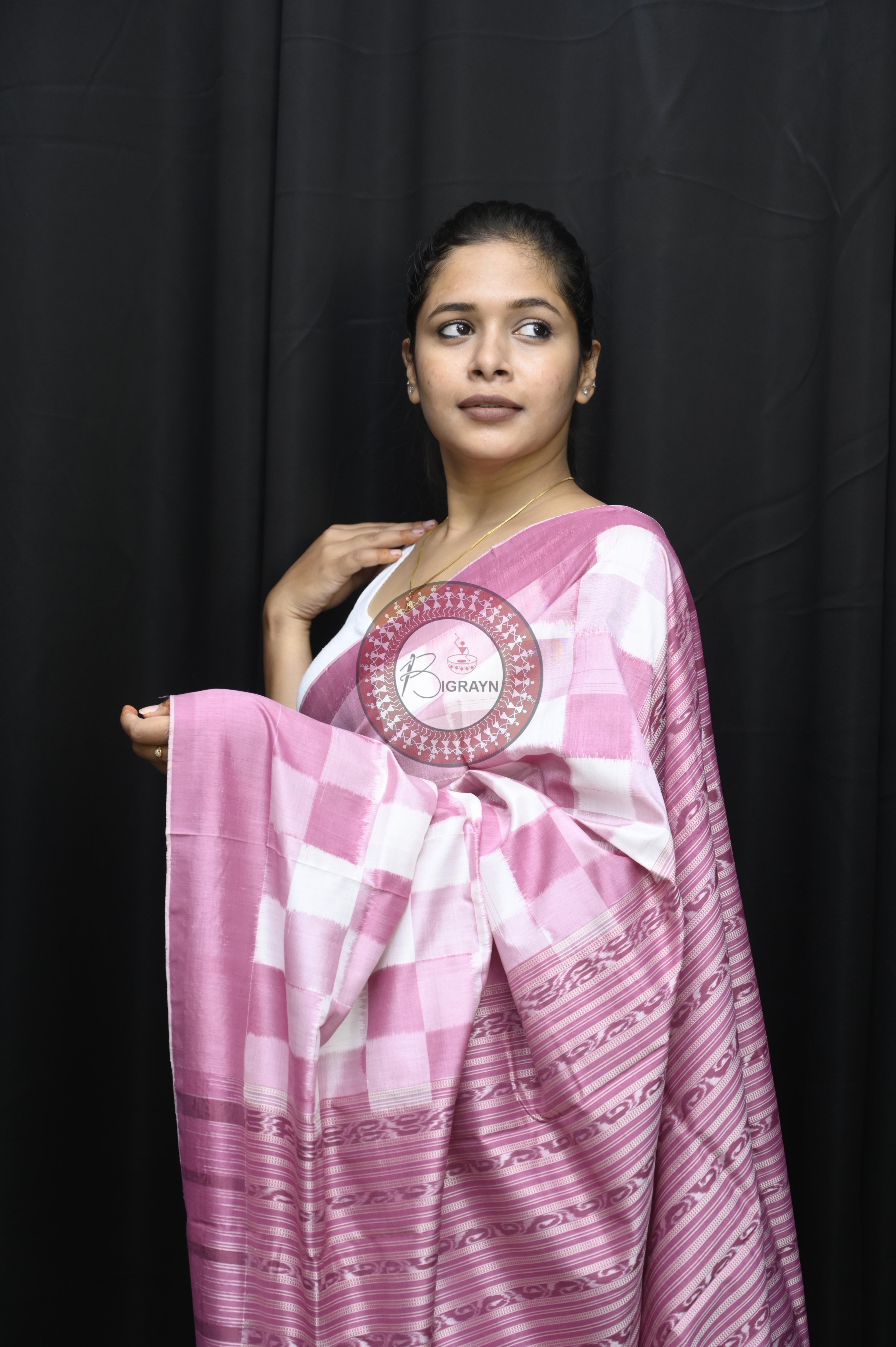 Onion White Pasapali Natural Dye Sambalpuri Silk Saree