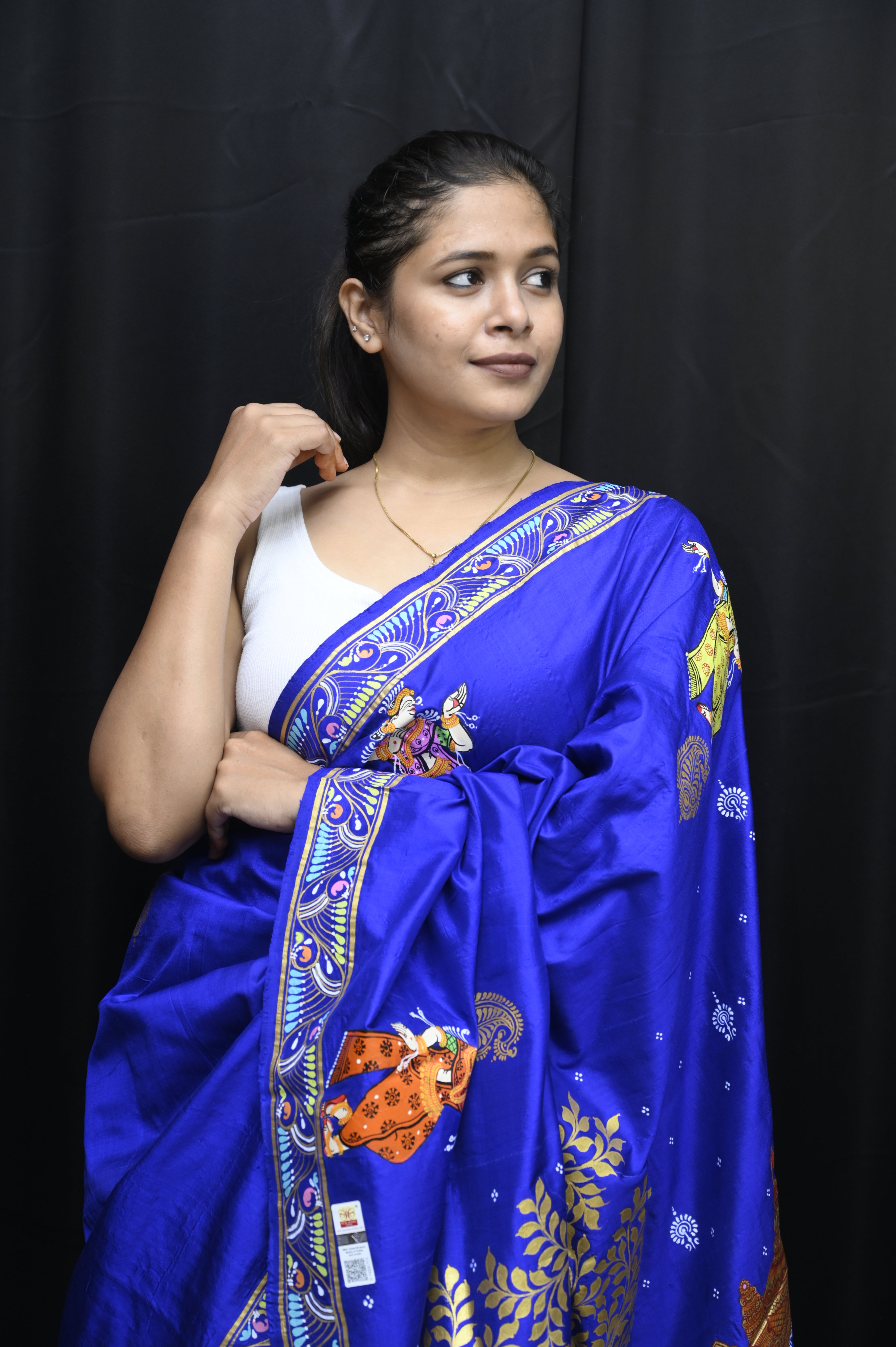 Blue Krishna Nabakeli Boita Pattachitra Silk Saree