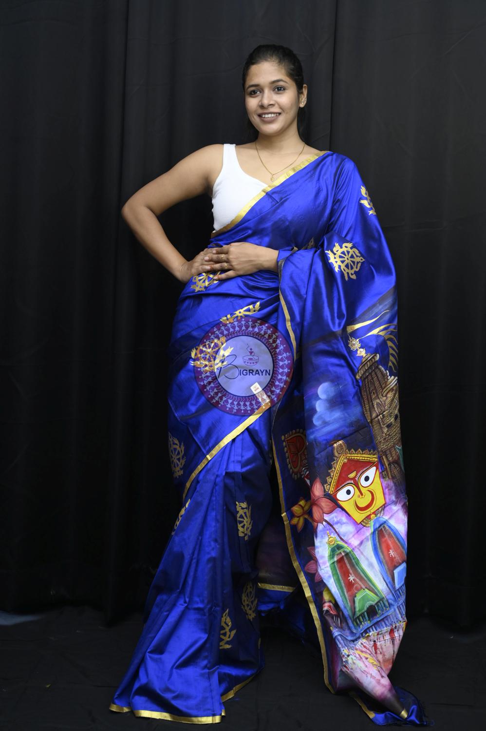 Blue Golden Rathyatra Pattachitra Silk Saree
