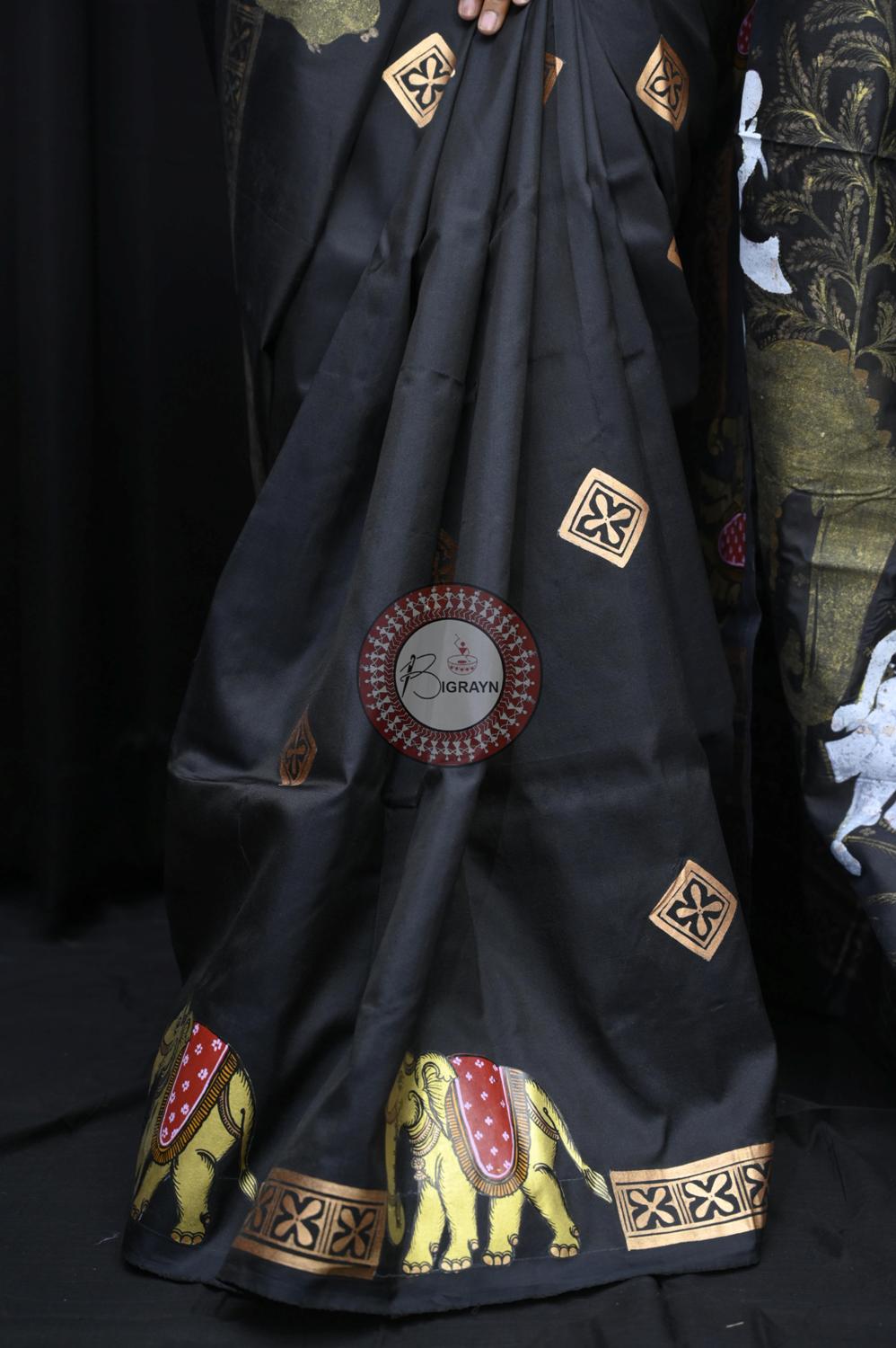 Black Golden Ashoka Theme Pattachitra Silk Saree