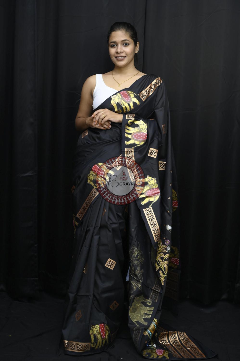 Black Golden Ashoka Theme Pattachitra Silk Saree