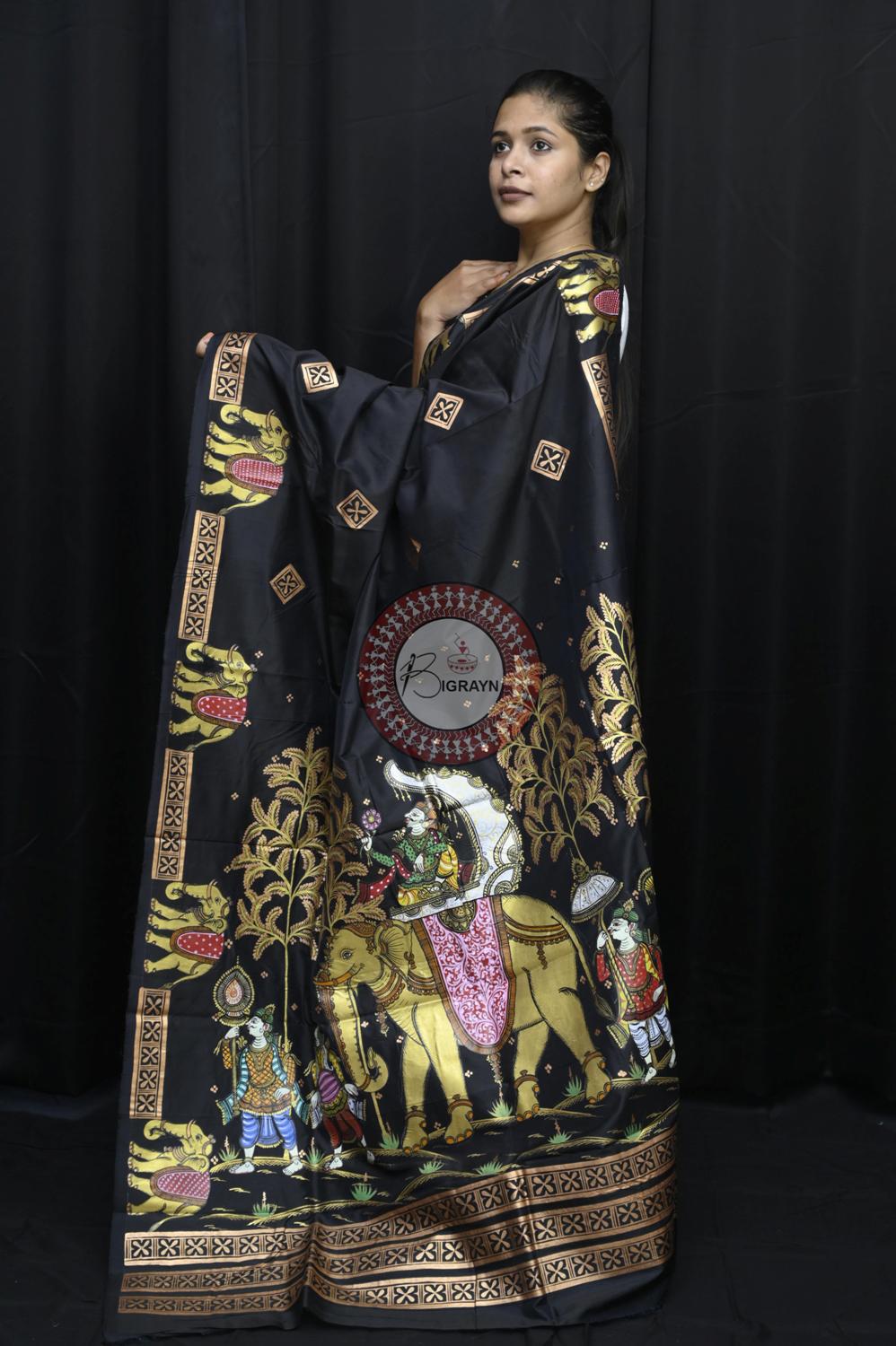 Black Golden Ashoka Theme Pattachitra Silk Saree