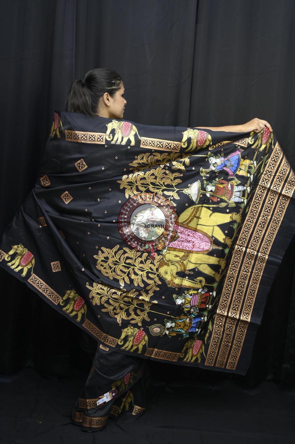 Black Golden Ashoka Theme Pattachitra Silk Saree