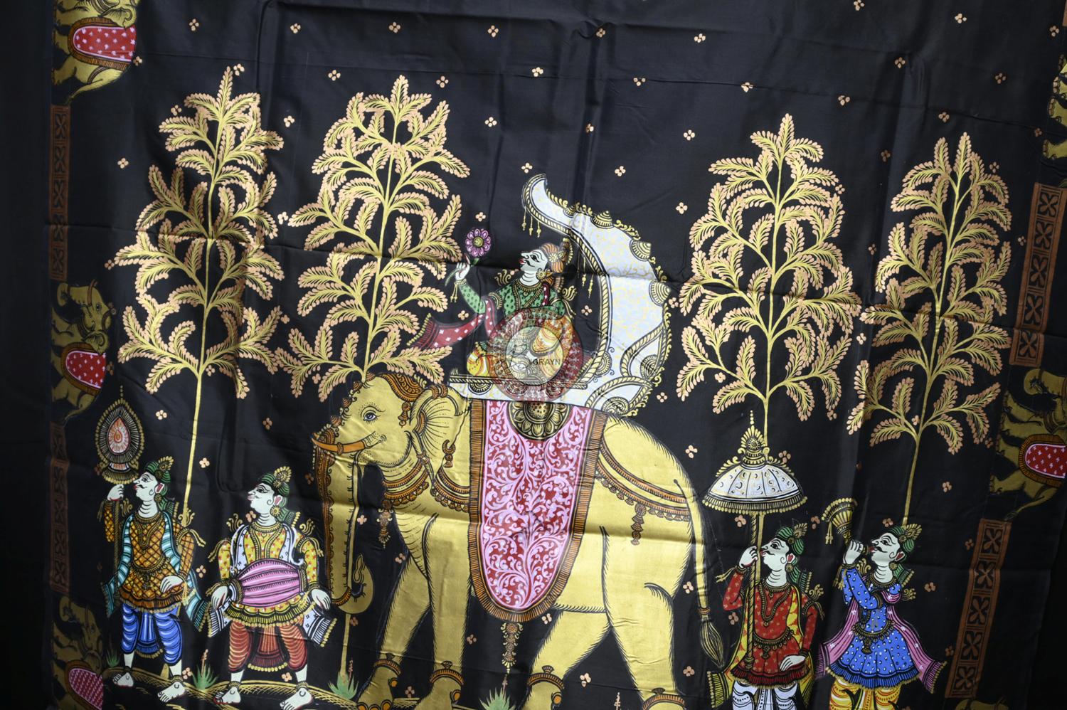 Black Golden Ashoka Theme Pattachitra Silk Saree