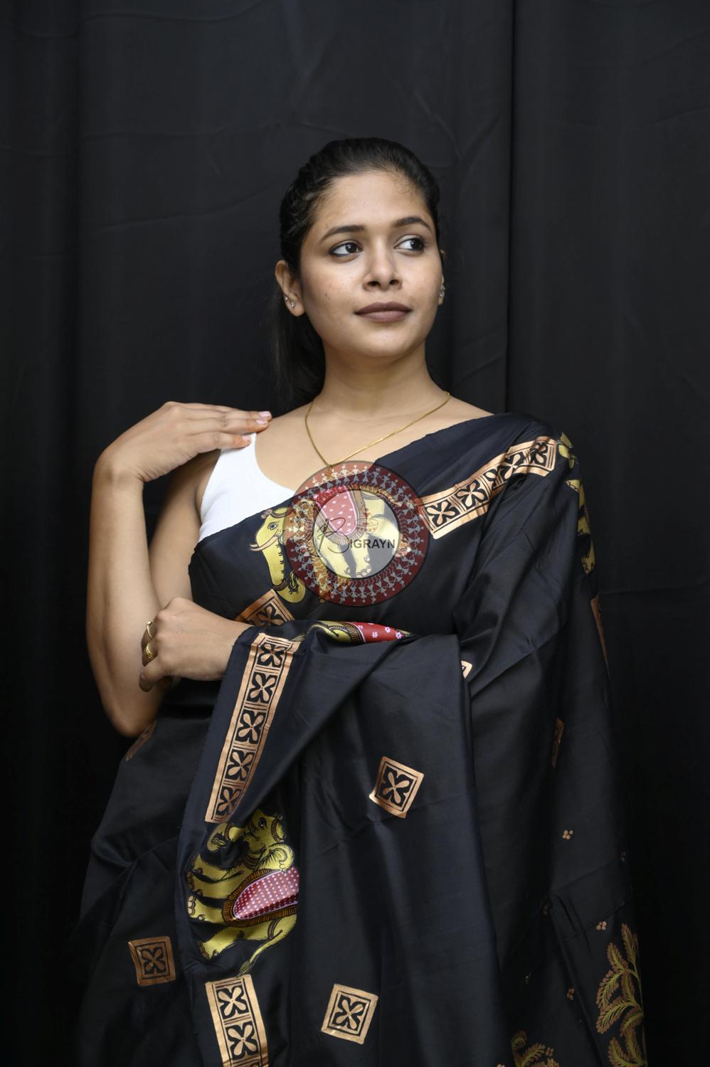 Black Golden Ashoka Theme Pattachitra Silk Saree