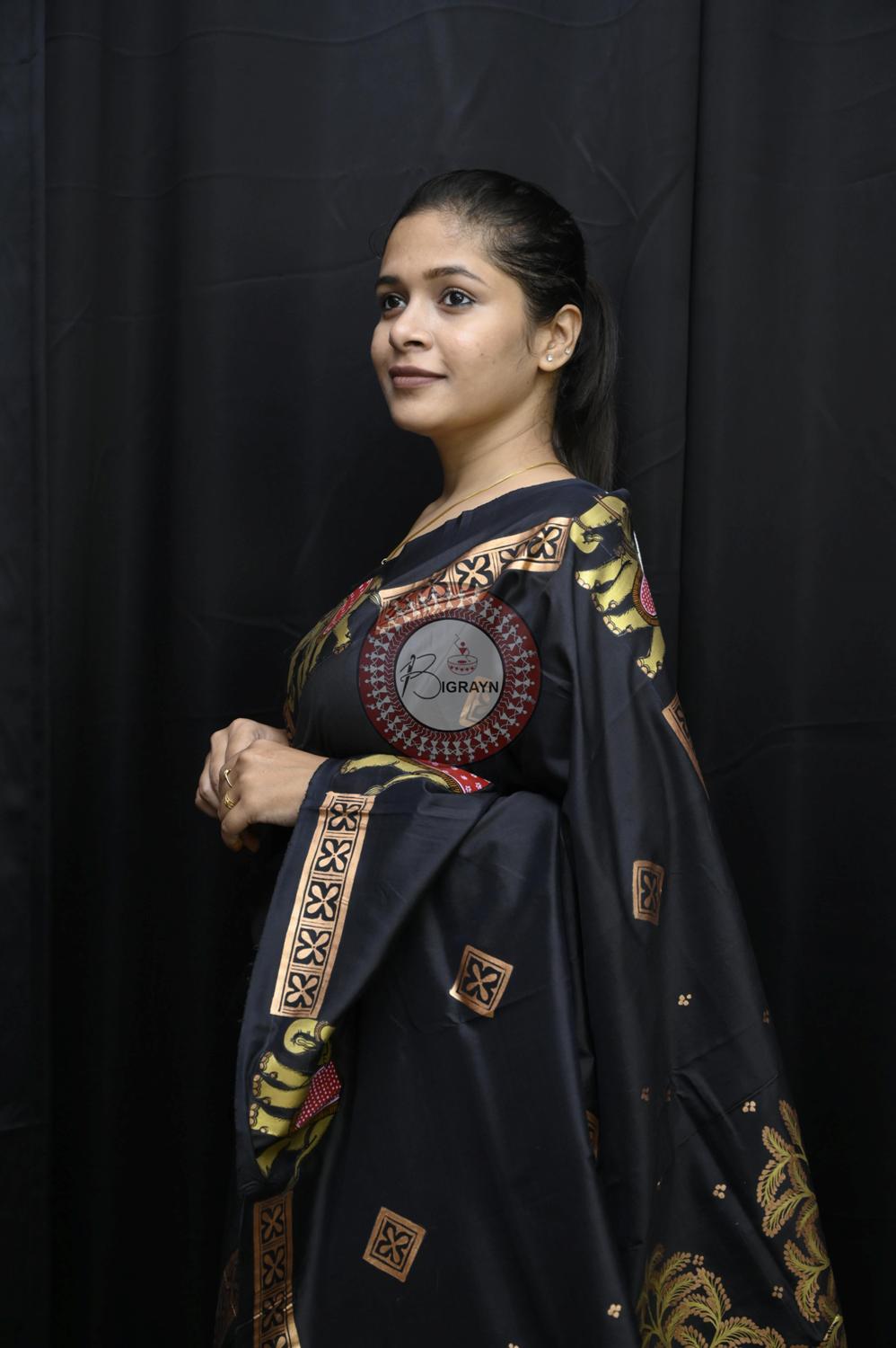 Black Golden Ashoka Theme Pattachitra Silk Saree