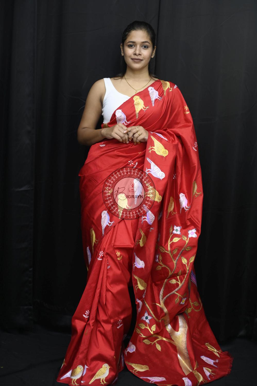 Red Birds Theme Pattachitra Silk Saree