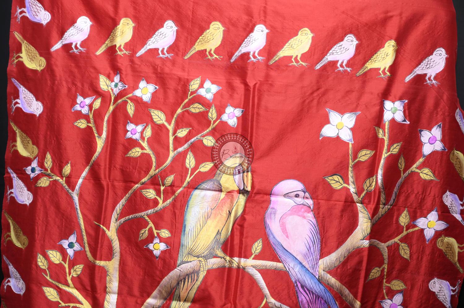 Red Birds Theme Pattachitra Silk Saree