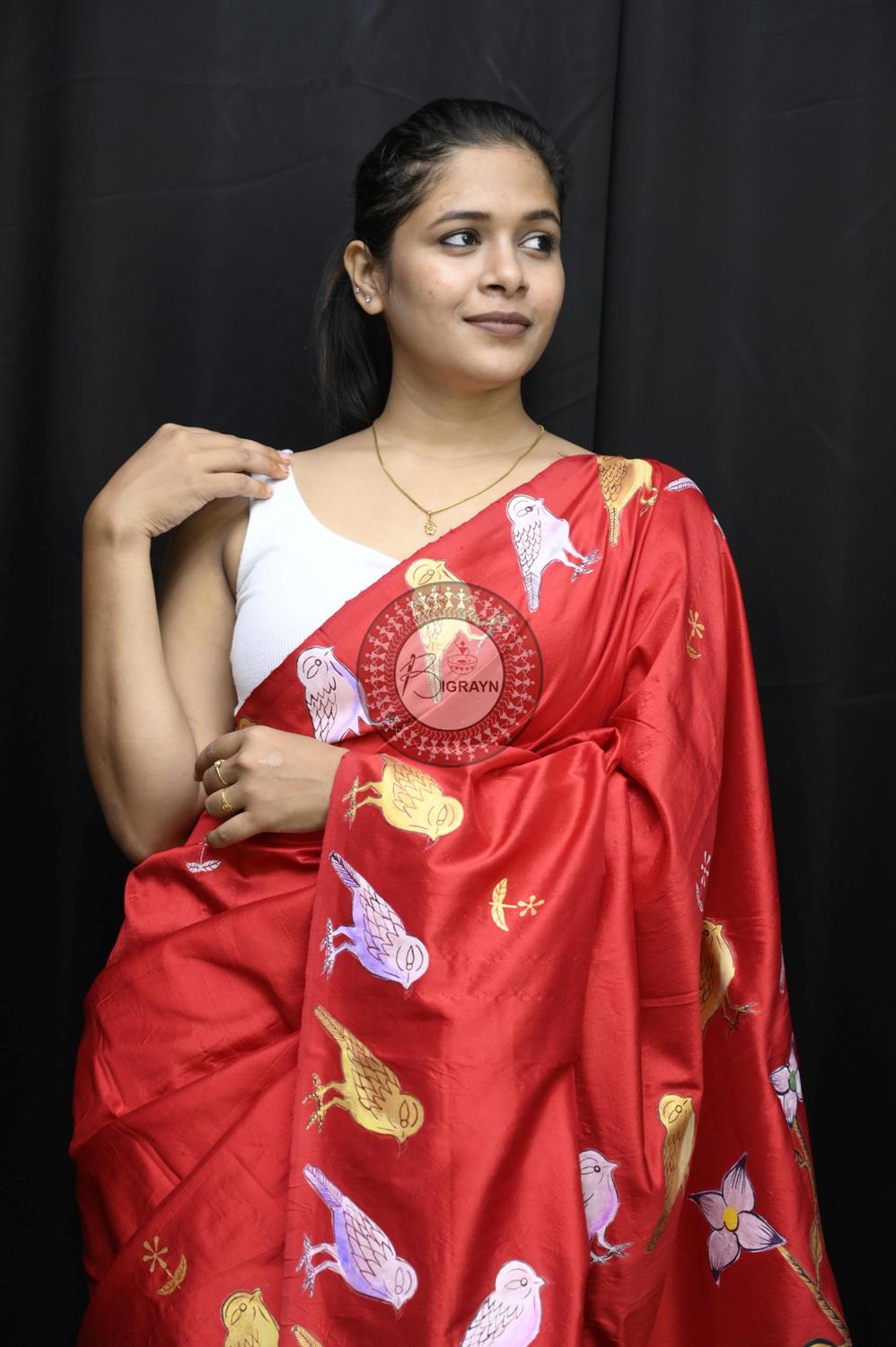 Red Birds Theme Pattachitra Silk Saree
