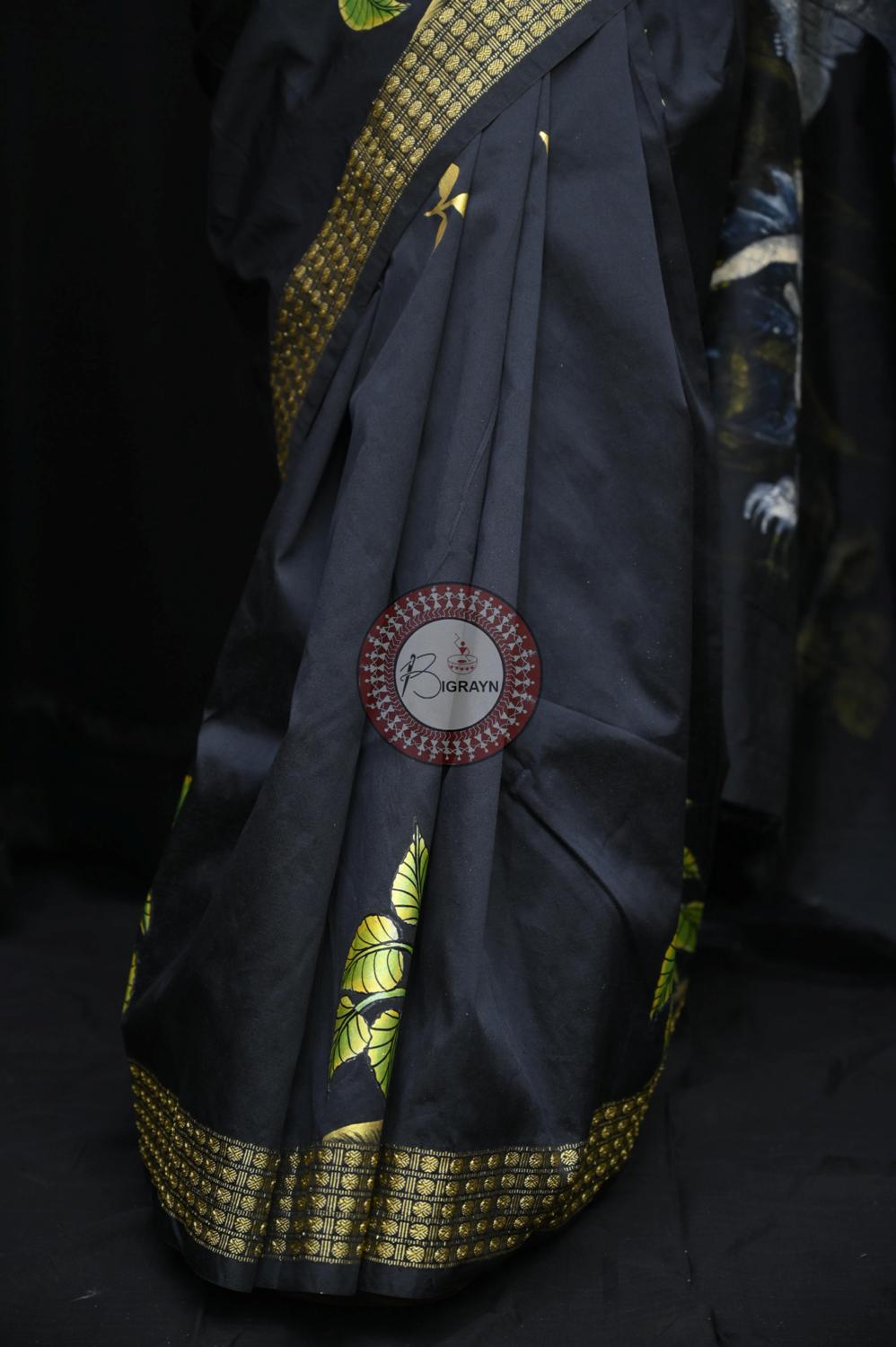 Black Pravata Barnana Theme Pattachitra Silk Saree