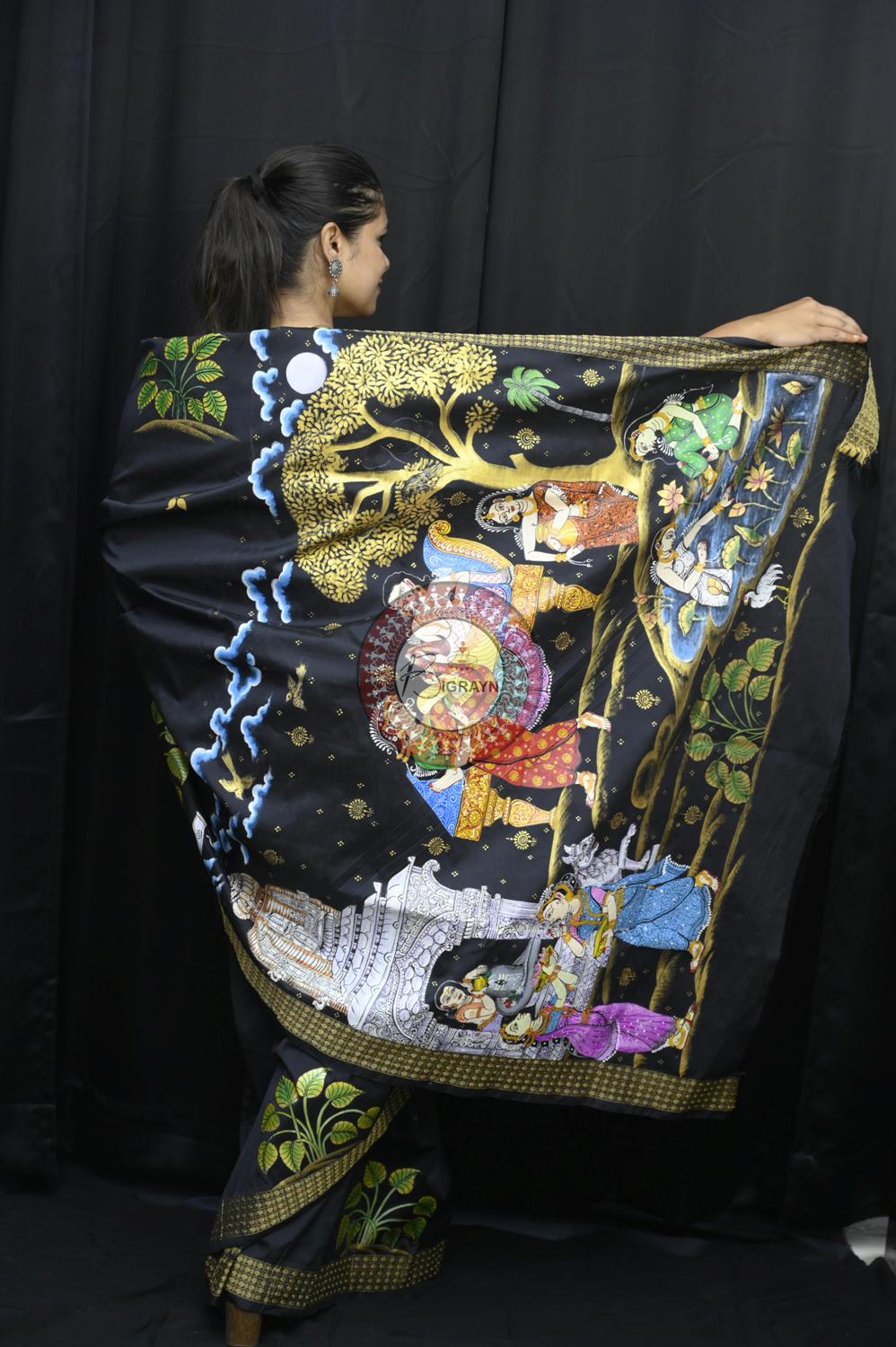 Black Pravata Barnana Theme Pattachitra Silk Saree