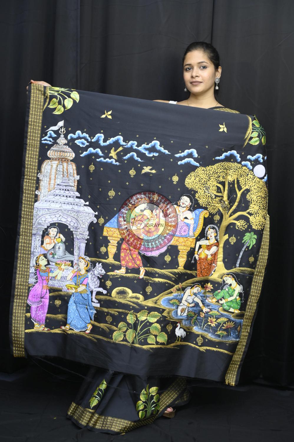 Black Pravata Barnana Theme Pattachitra Silk Saree
