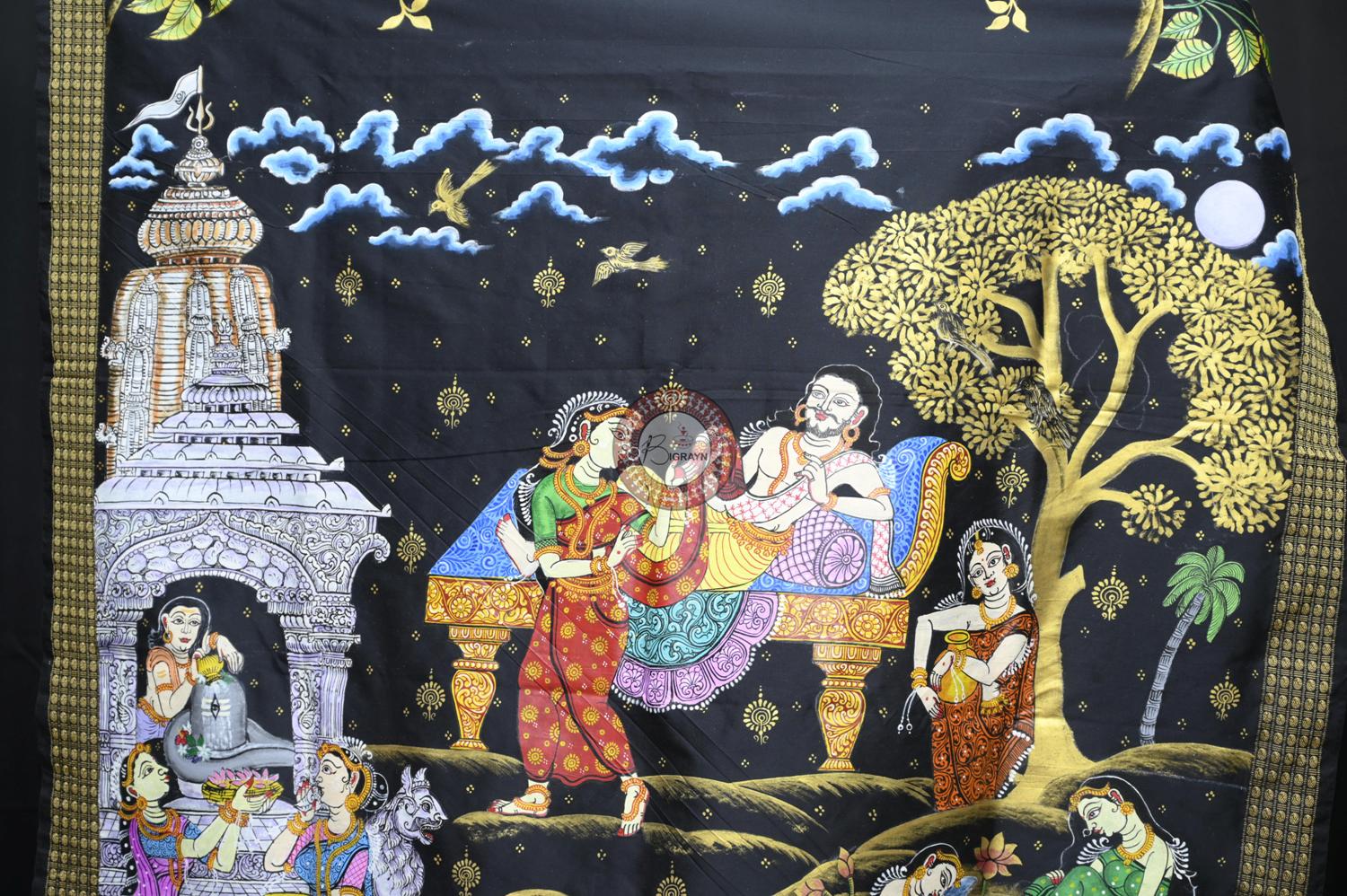 Black Pravata Barnana Theme Pattachitra Silk Saree
